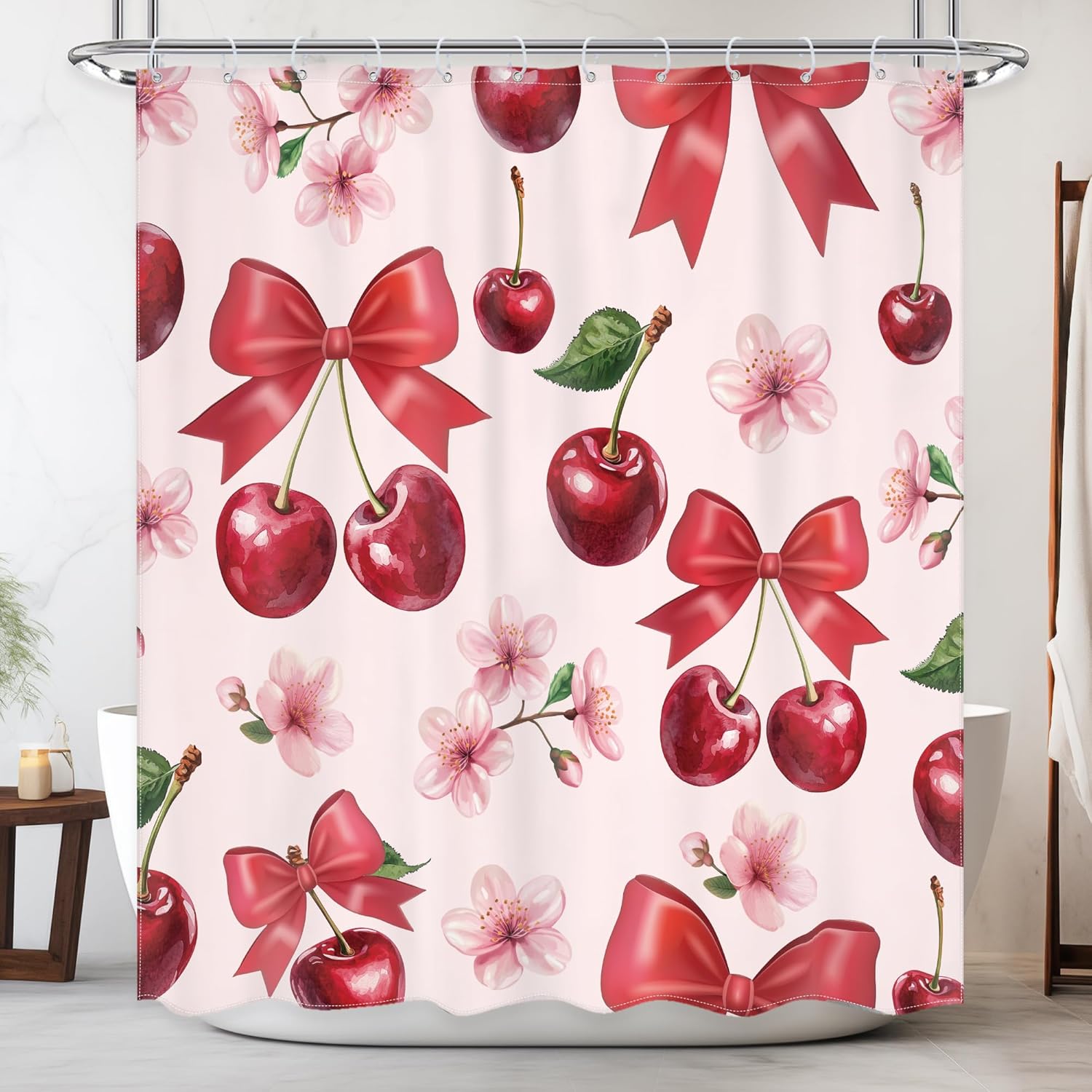 Pink Bow Cherry Shower Curtain 60x72 In