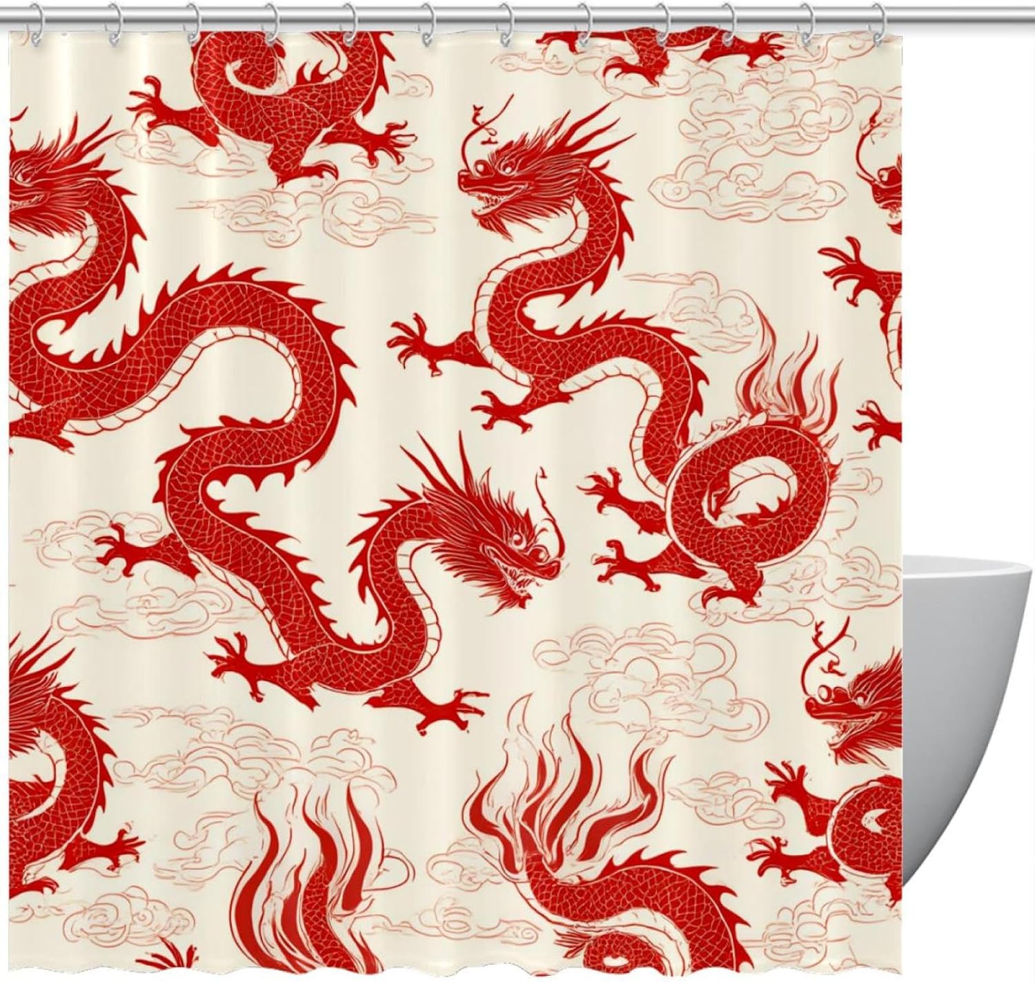 Bath Time inspected begins with VAPOKF Red Dragon Auspicious Clouds Shower Curtain Setup