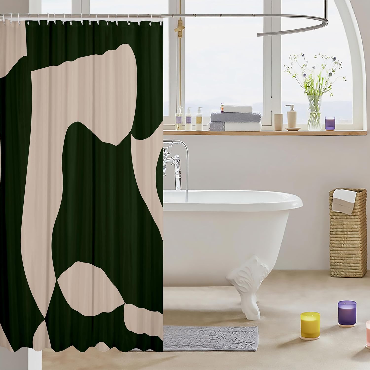 Dark Green and Dark Tan Geometry Bath Curtain Set 72x72