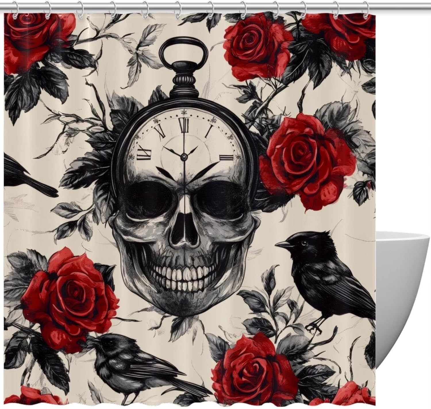 Stylish Black Bird Roses Shower Curtain Set for Home