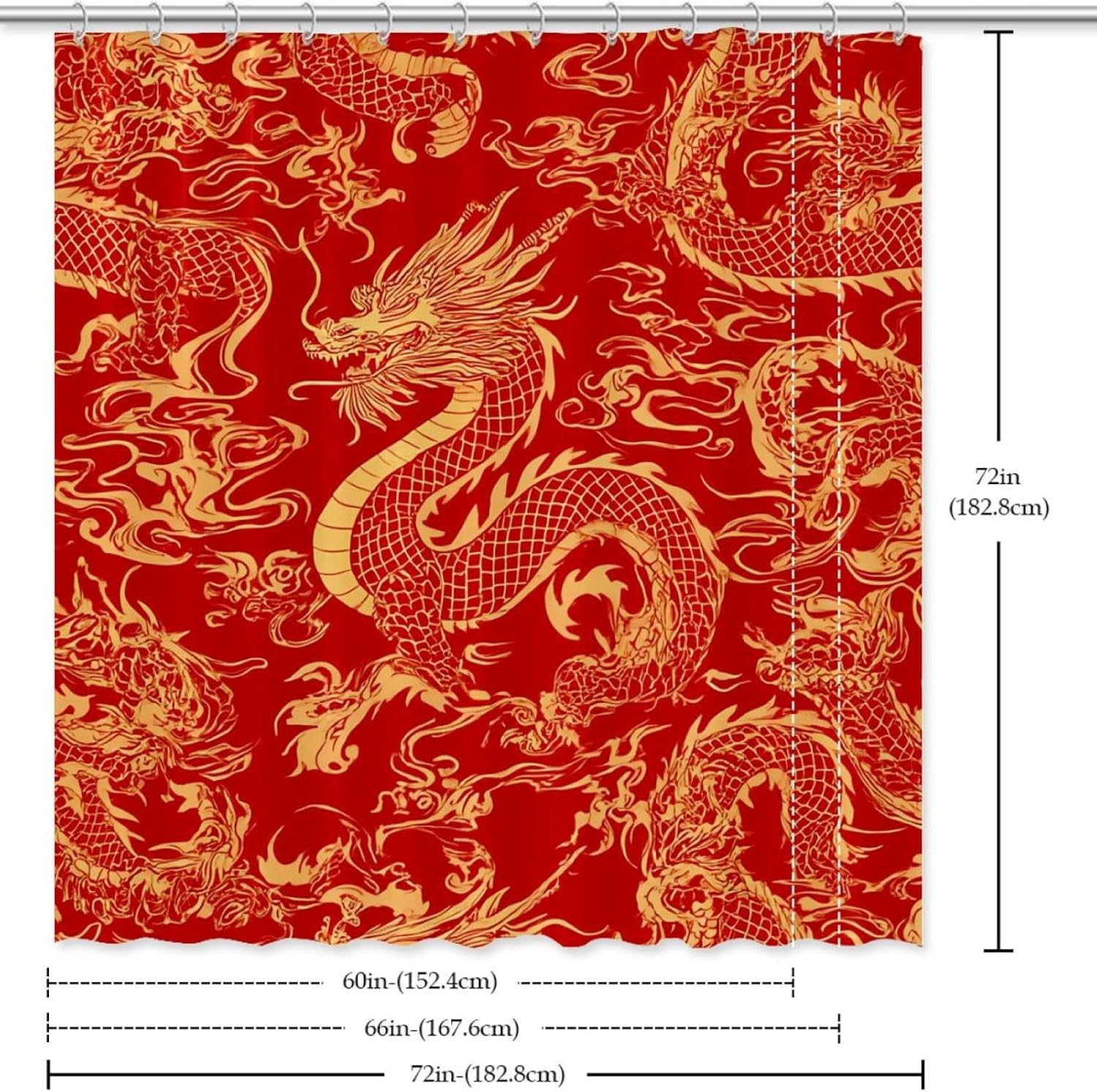 Gold Red Chinese Dragon Shower Curtain Set with 12 Hooks 66x72 Inches