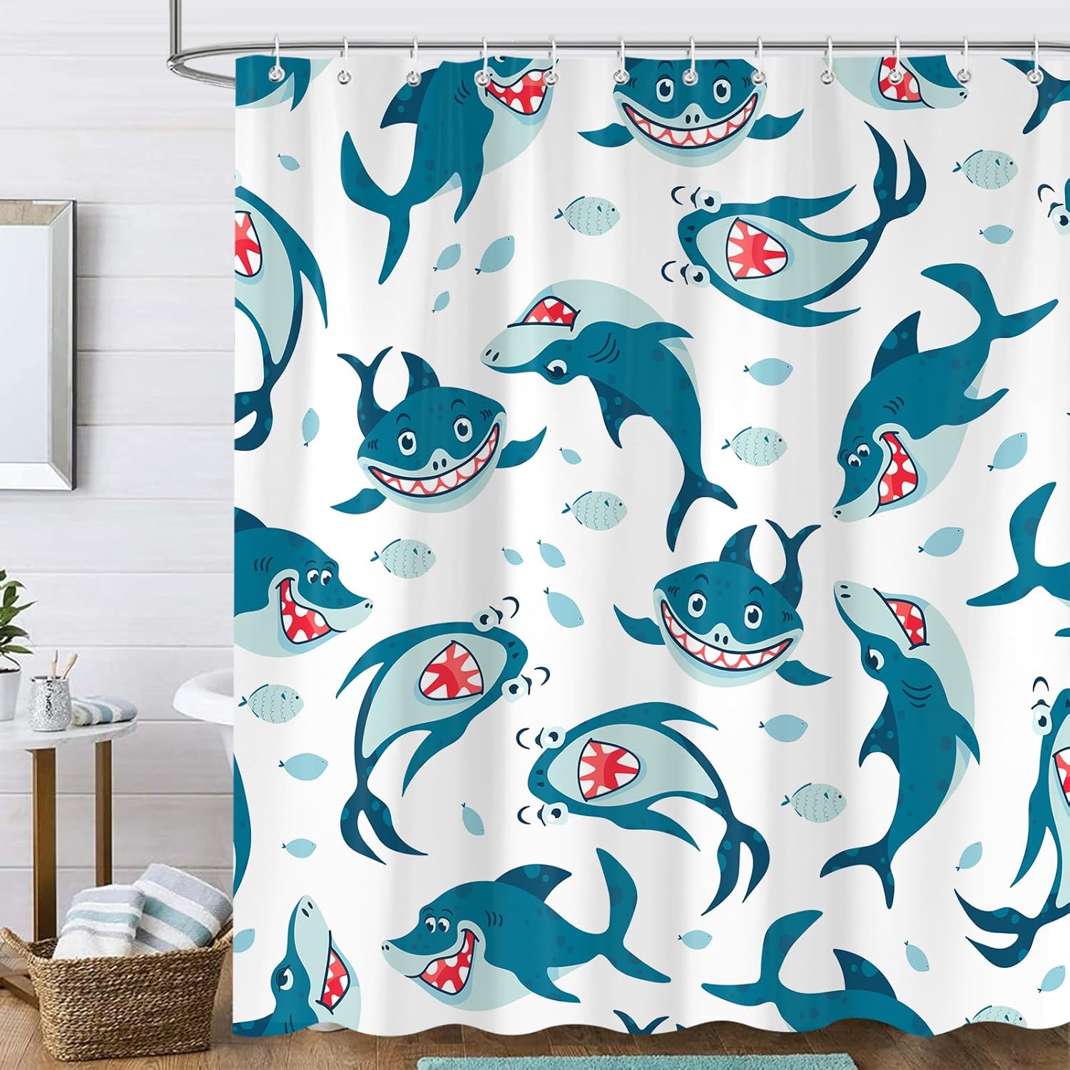 SokdcamFunny Shark Shower Curtain Ocean Wild Fish Kids Bathroom Curtain Set