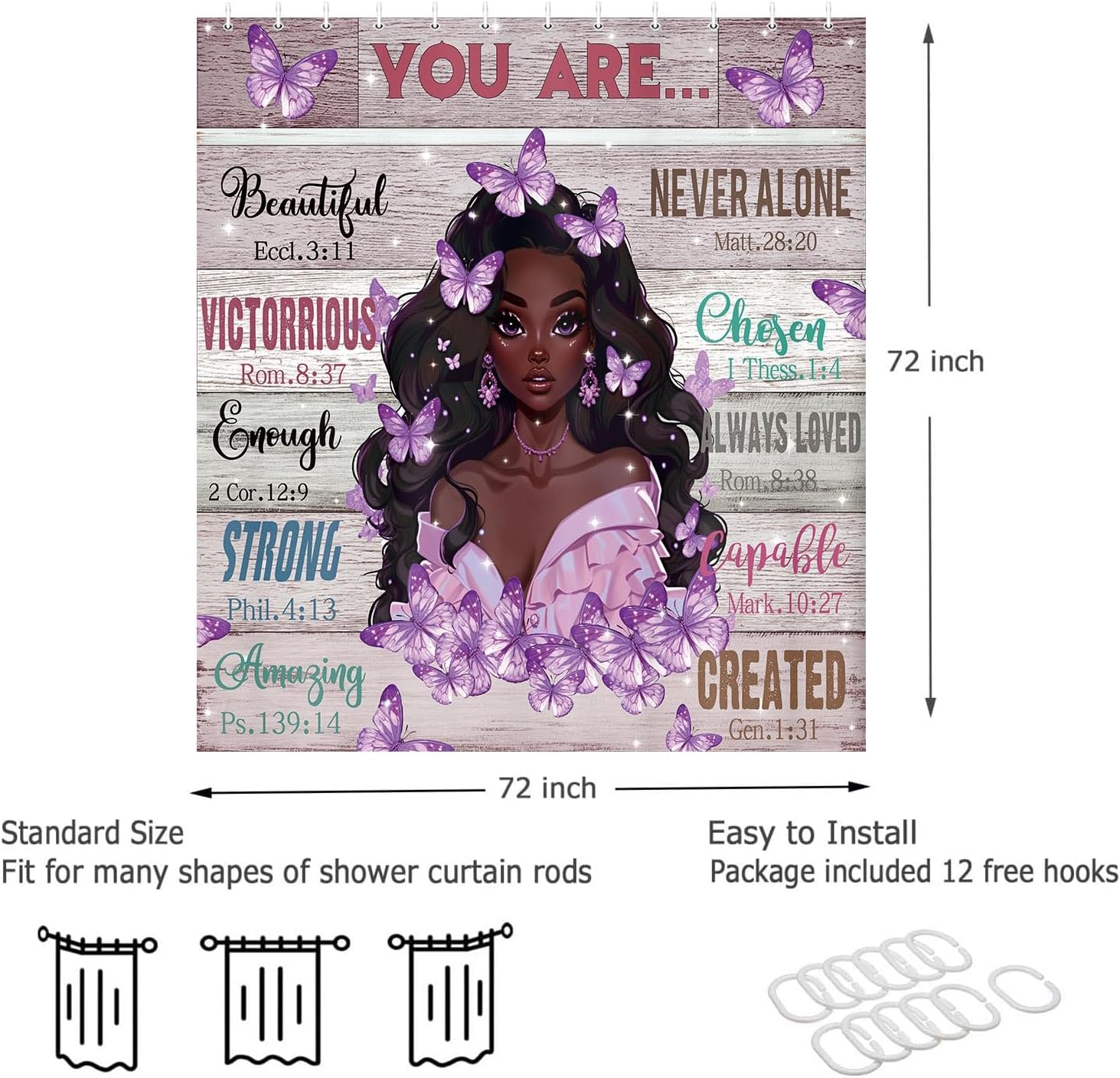 JAWO Black GirL Showers African American Butterfly 72x72 12 Hooks Modern Design