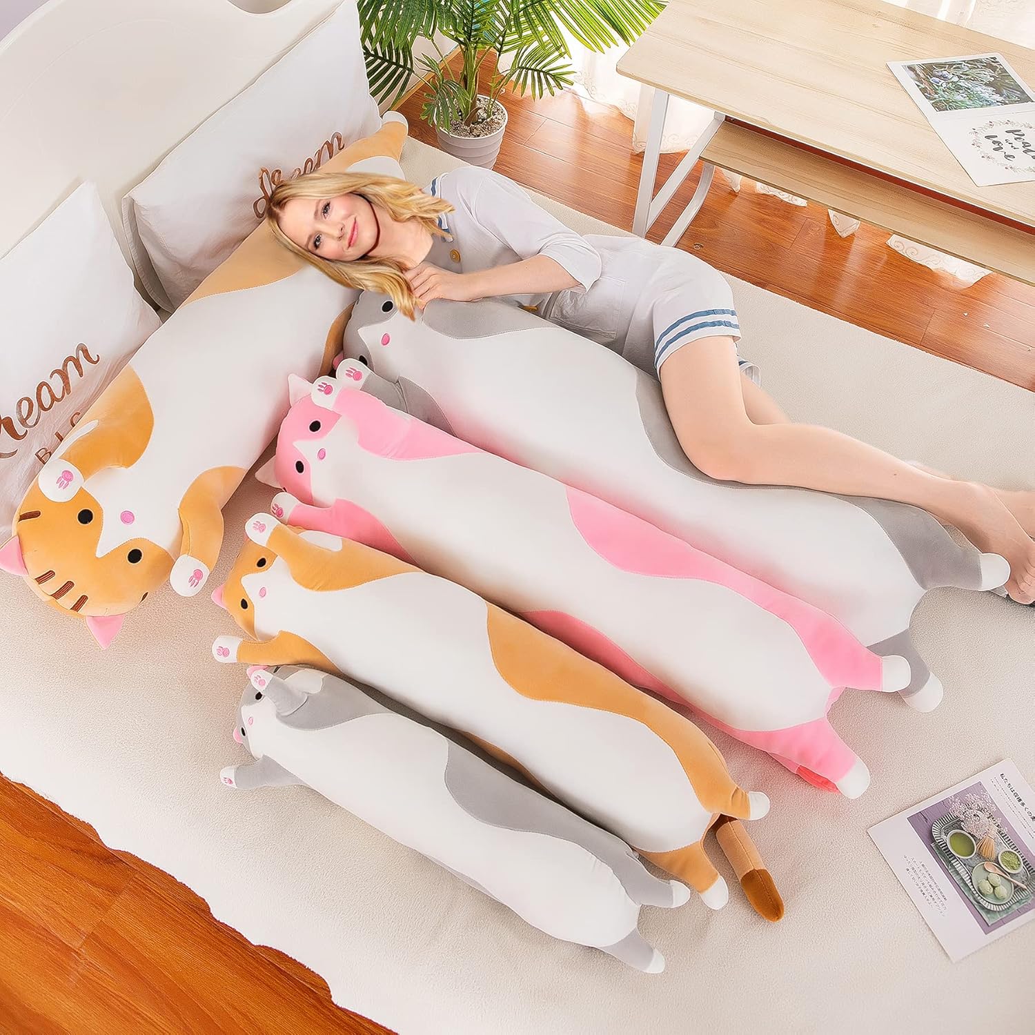Cute Long Cat Plush Body Pillow Kawaii Cat Plushie for Kids