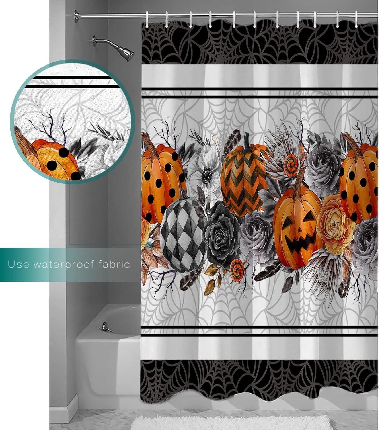 Halloween Orange pumpkin waterproof shower curtain set with hooks