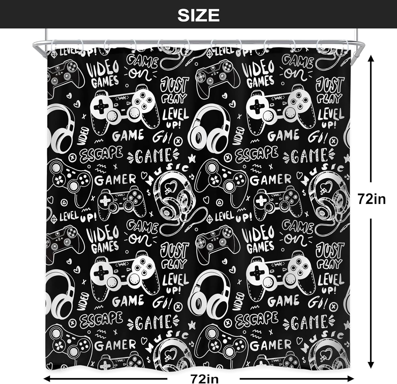 Boys Gamer Shower Curtain 72Wx72H Inch Gaming Controller Waterproof Design