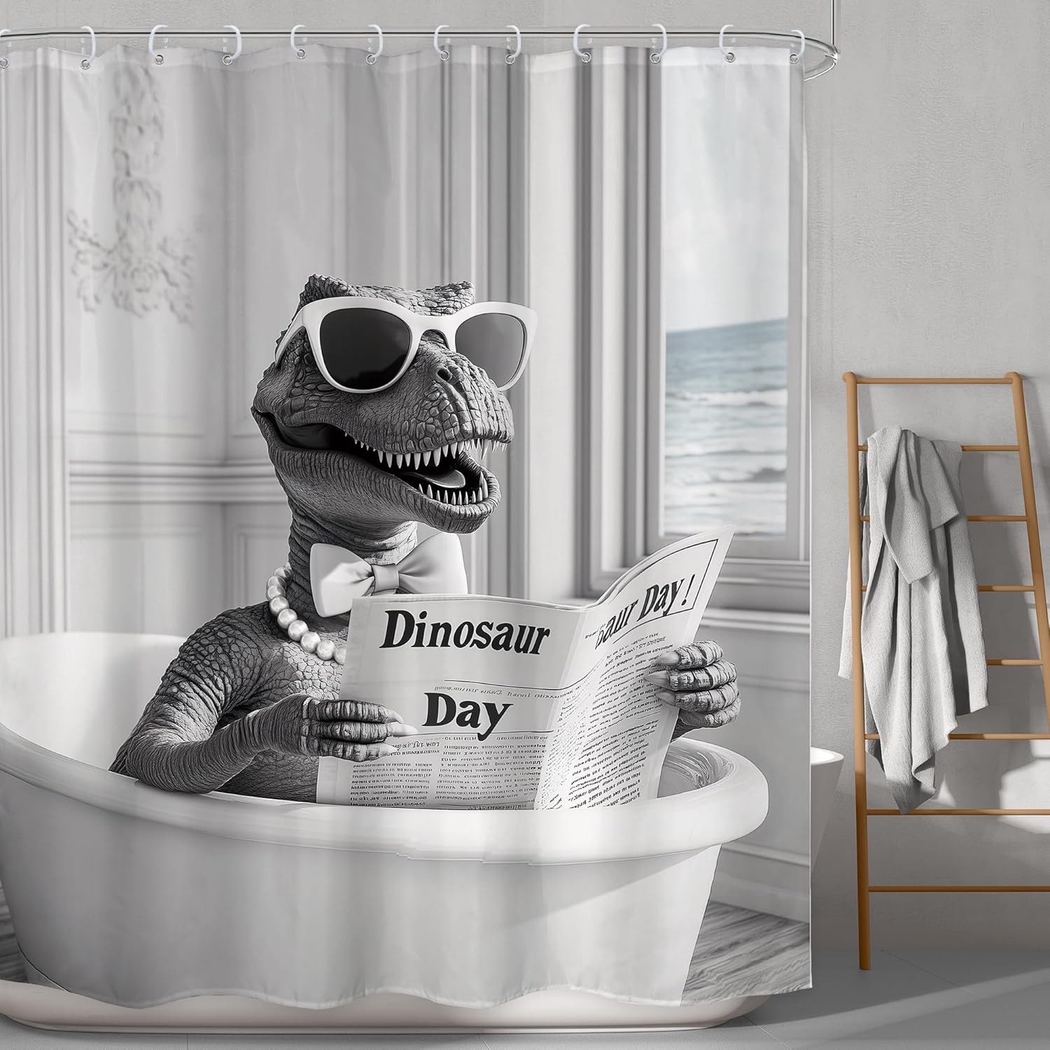 Funny Dinosaur Shower Curtain Set 12 Piece Black White Durable Cozy