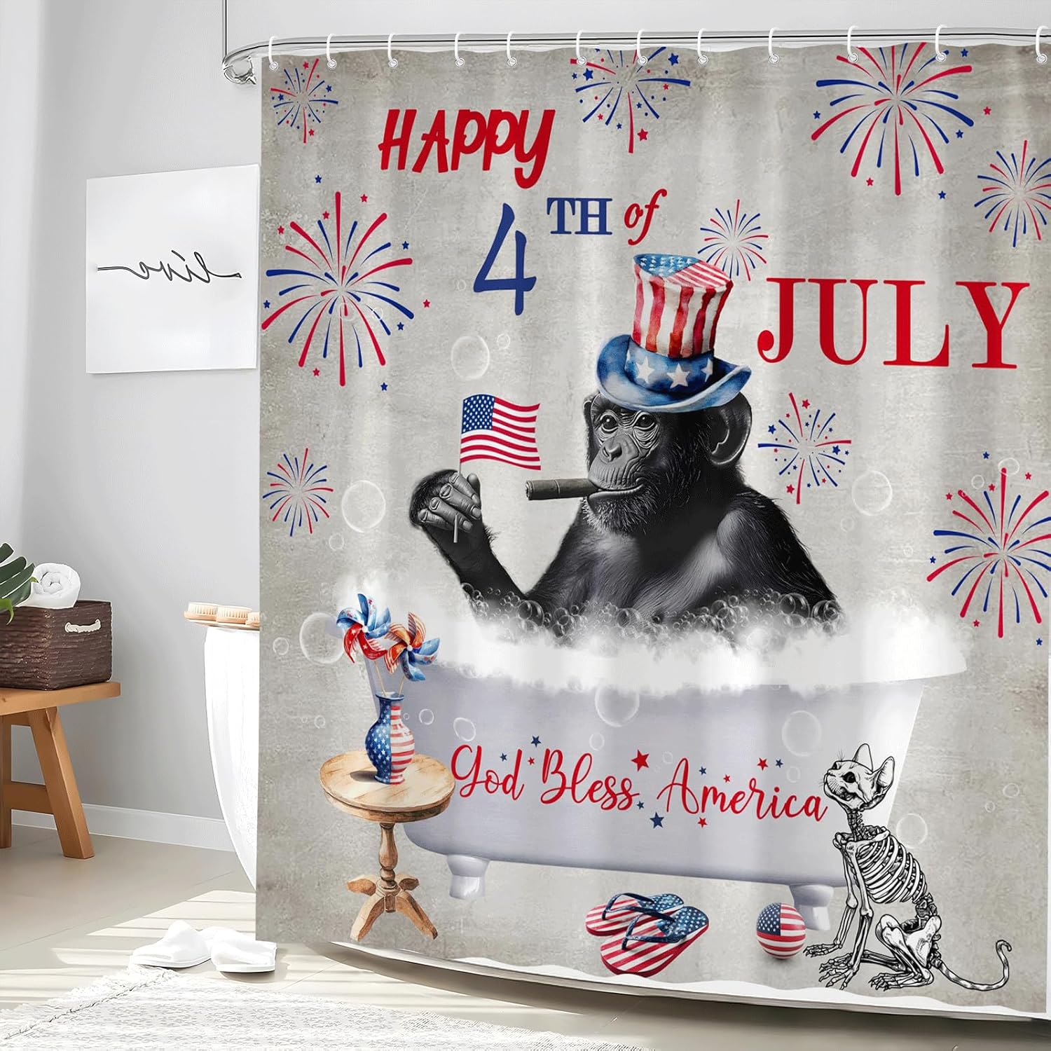 Patriotic Monkey 4th of July 70-inch shower curtain with American Flag design