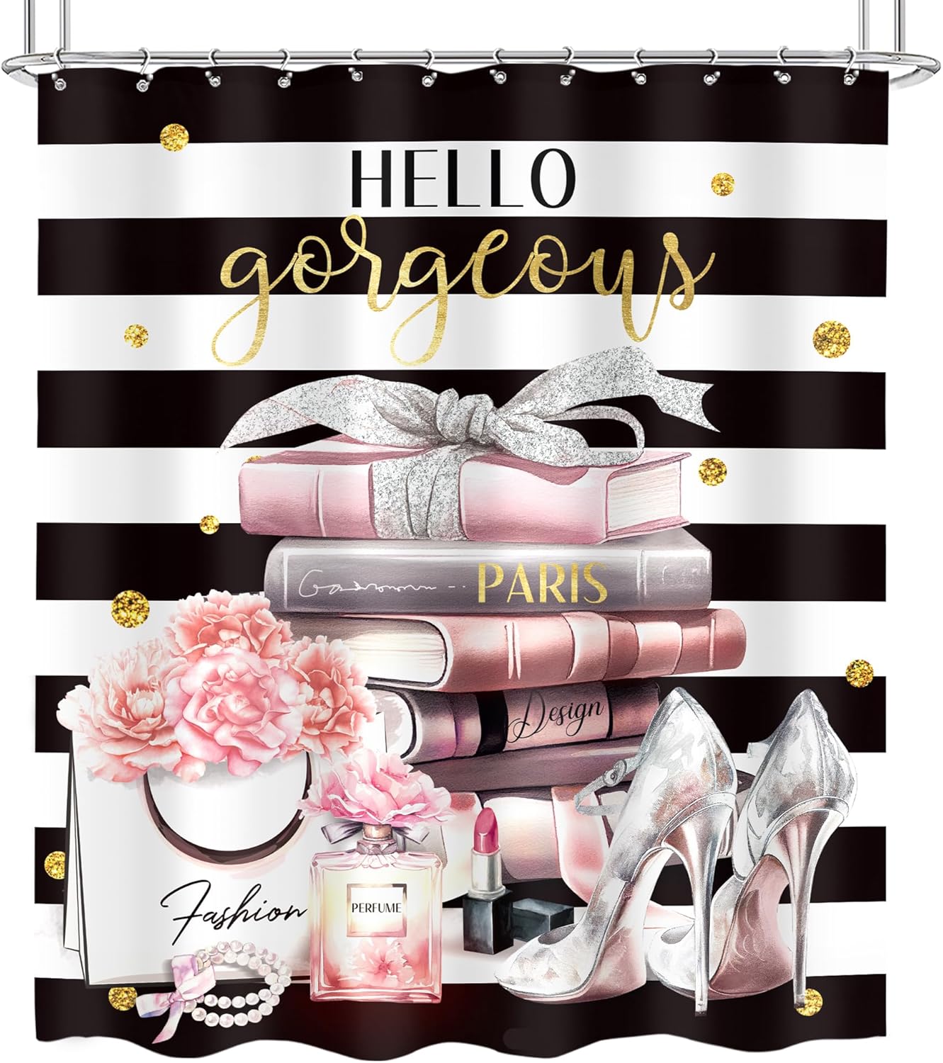 Cinbloo Black Pink Bathroom Shower Curtain Set