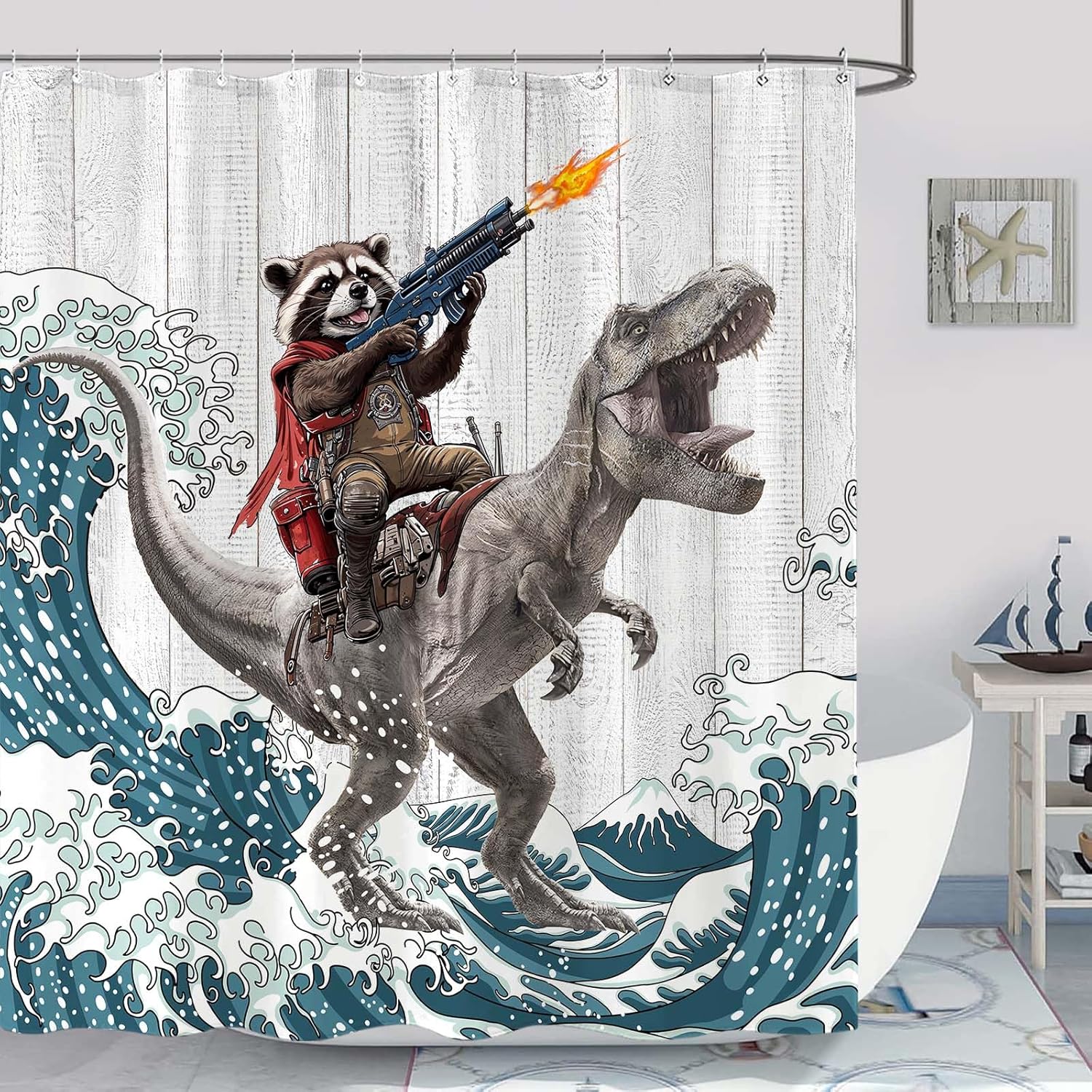 Funny Raccoon Dinosaur Bath Curtain