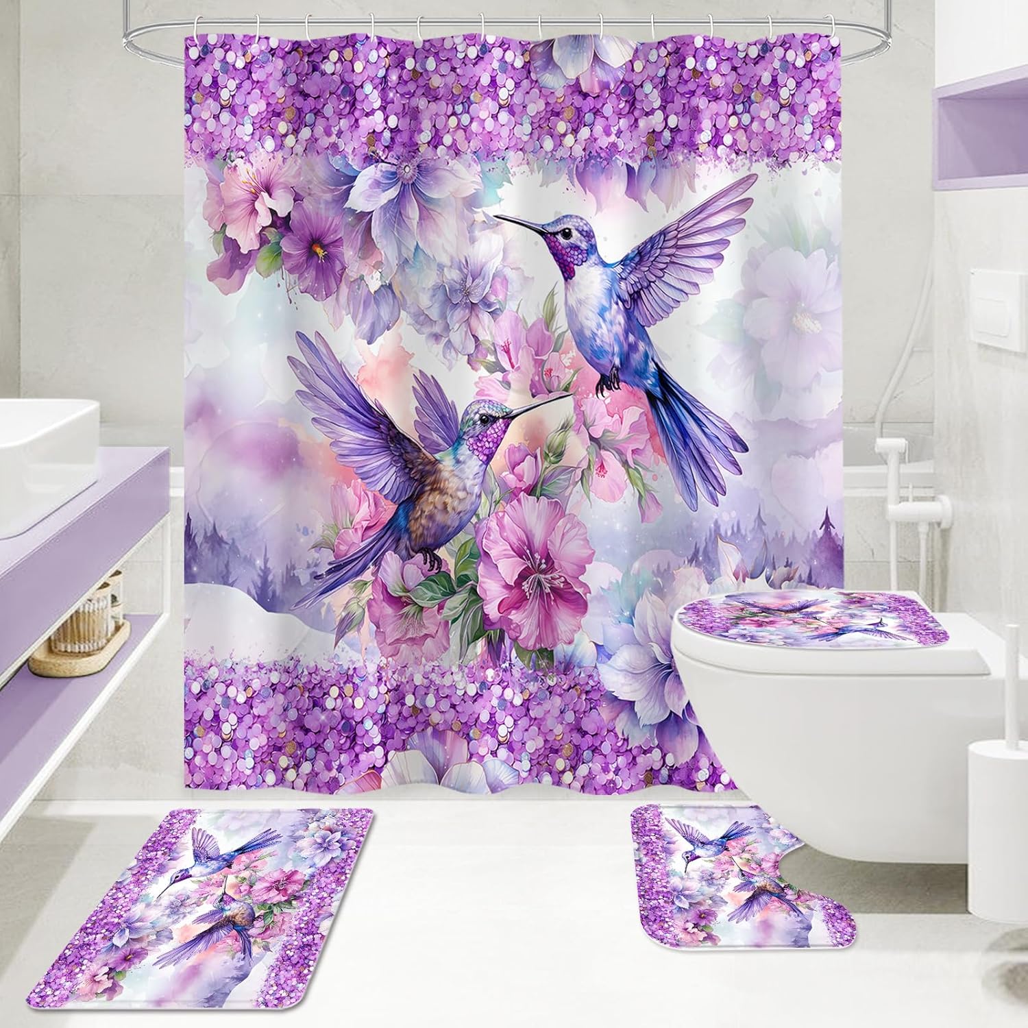 4-Pcs Purple Hummingbird Bath Decor Set with Rugs