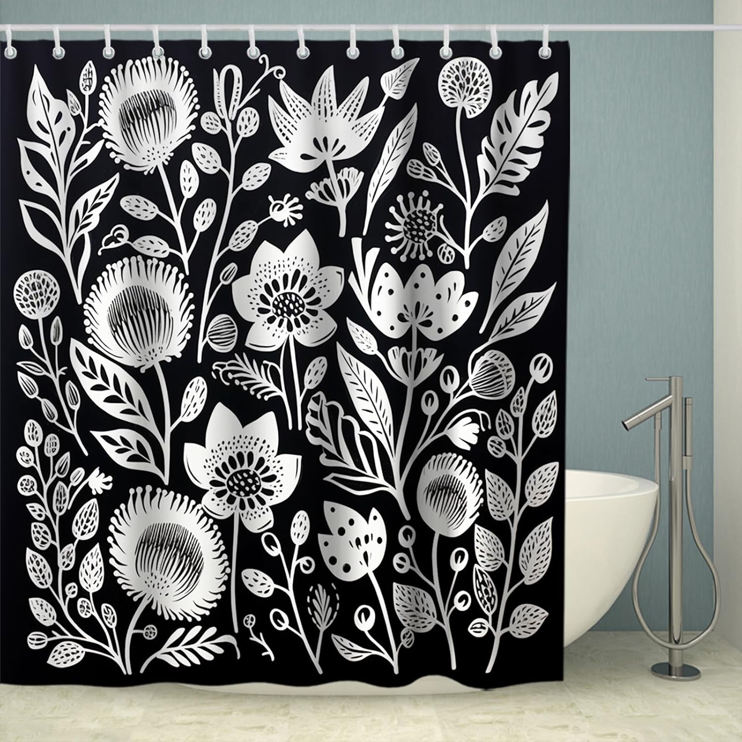 OTRANTO Black and White Floral Shower Curtain Set