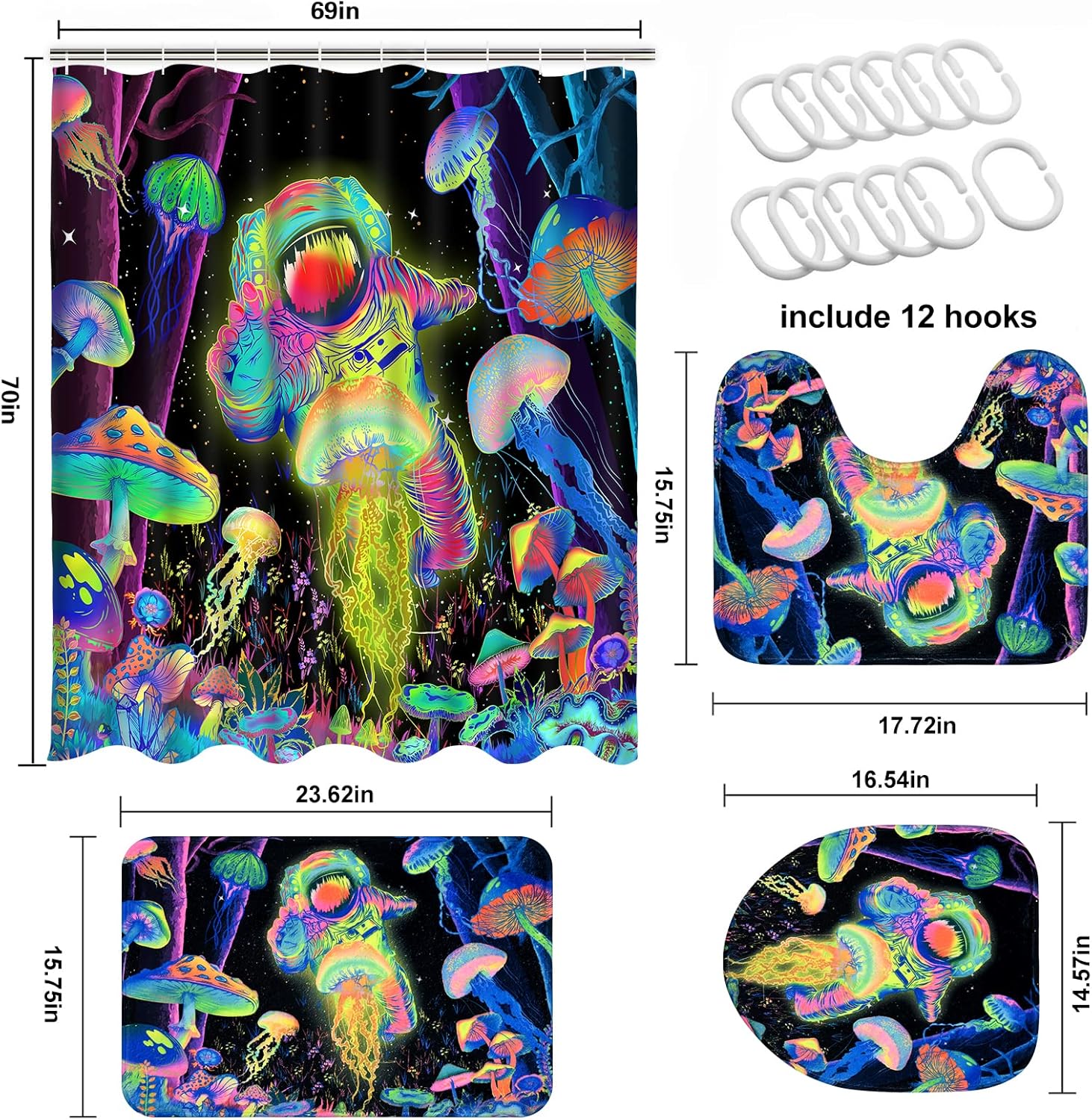 Alishomtll 4 Pcs Blacklight Astronaut Shower Curtain Set with Rugs