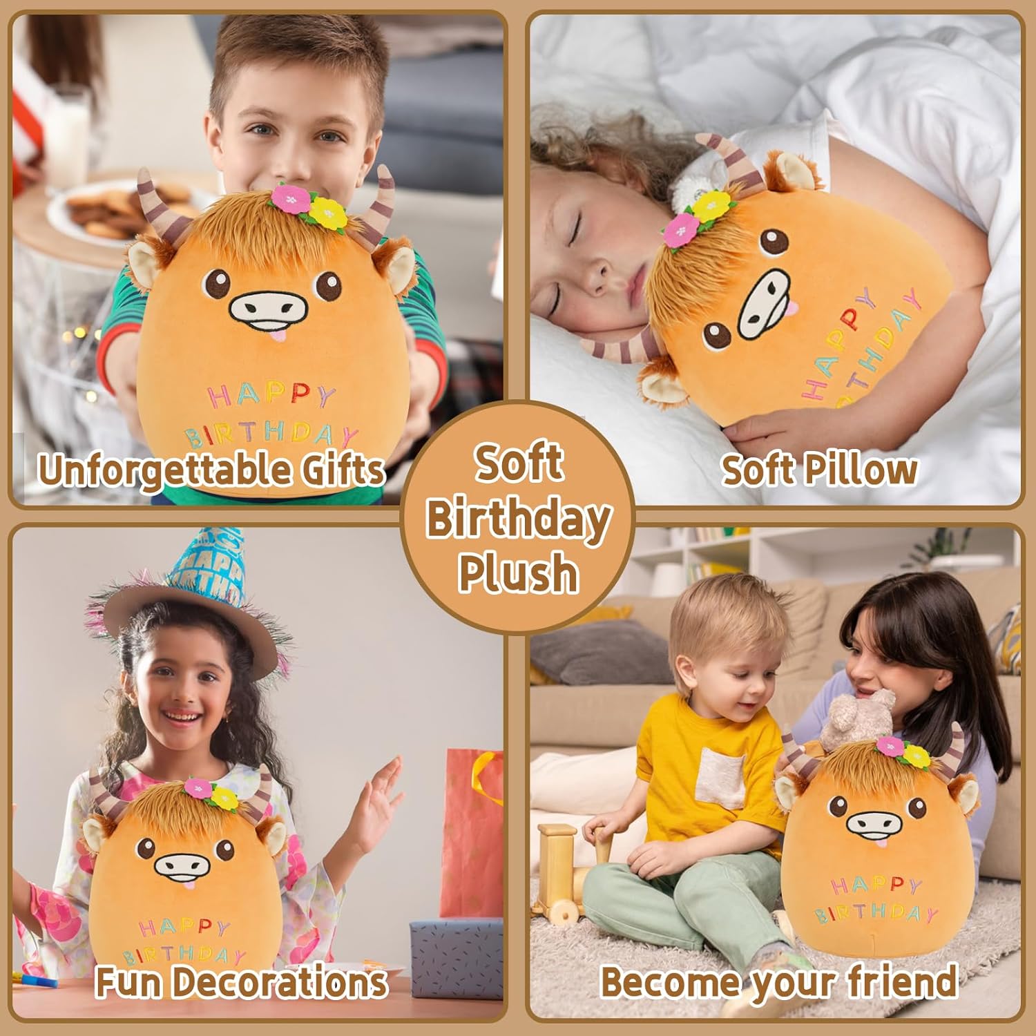 Happy Birthday Plush Pillow Fun Birthday Cow Stuffed Animal 10 Inch