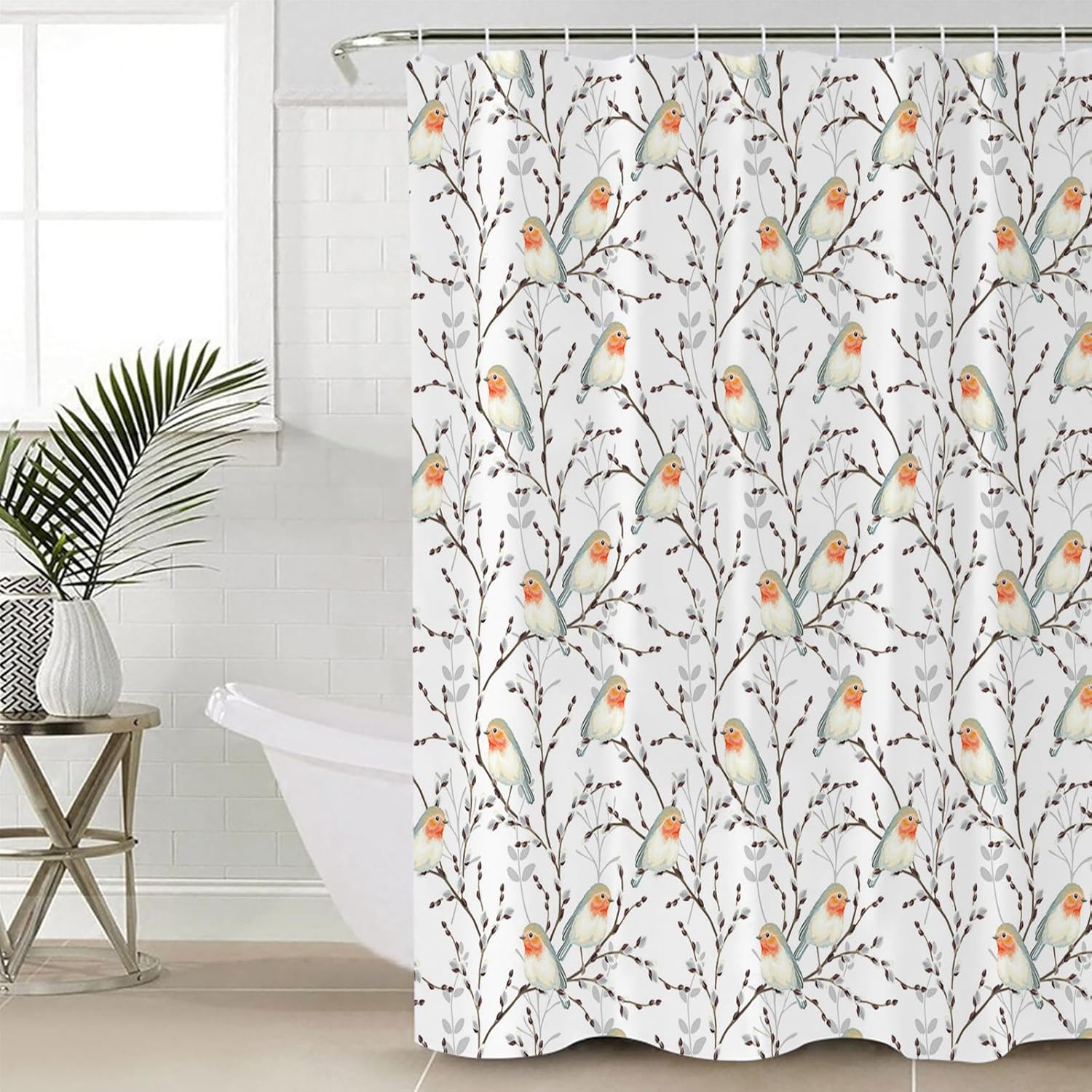 Waterproof shower curtain set for the bathroom with birds and branch design