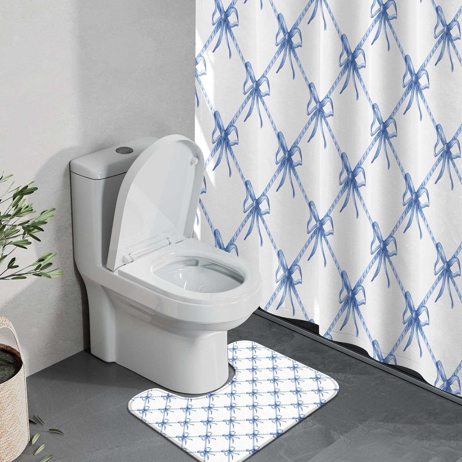 KAIRA 4 Pcs Blue White Bow Bathroom Set with Mats and Hooks