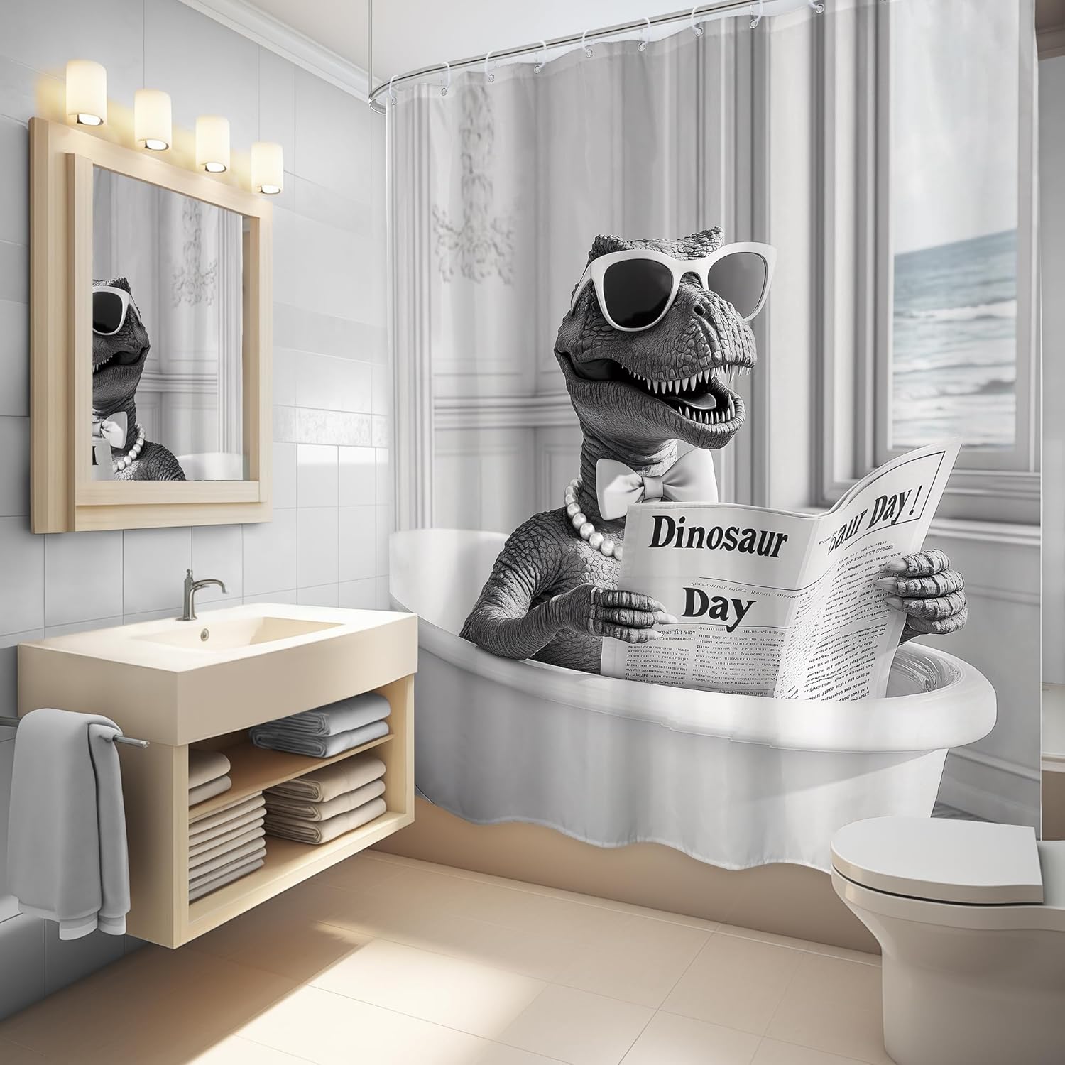Funny Dinosaur Shower Curtain Set 12 Piece Black White Durable Cozy