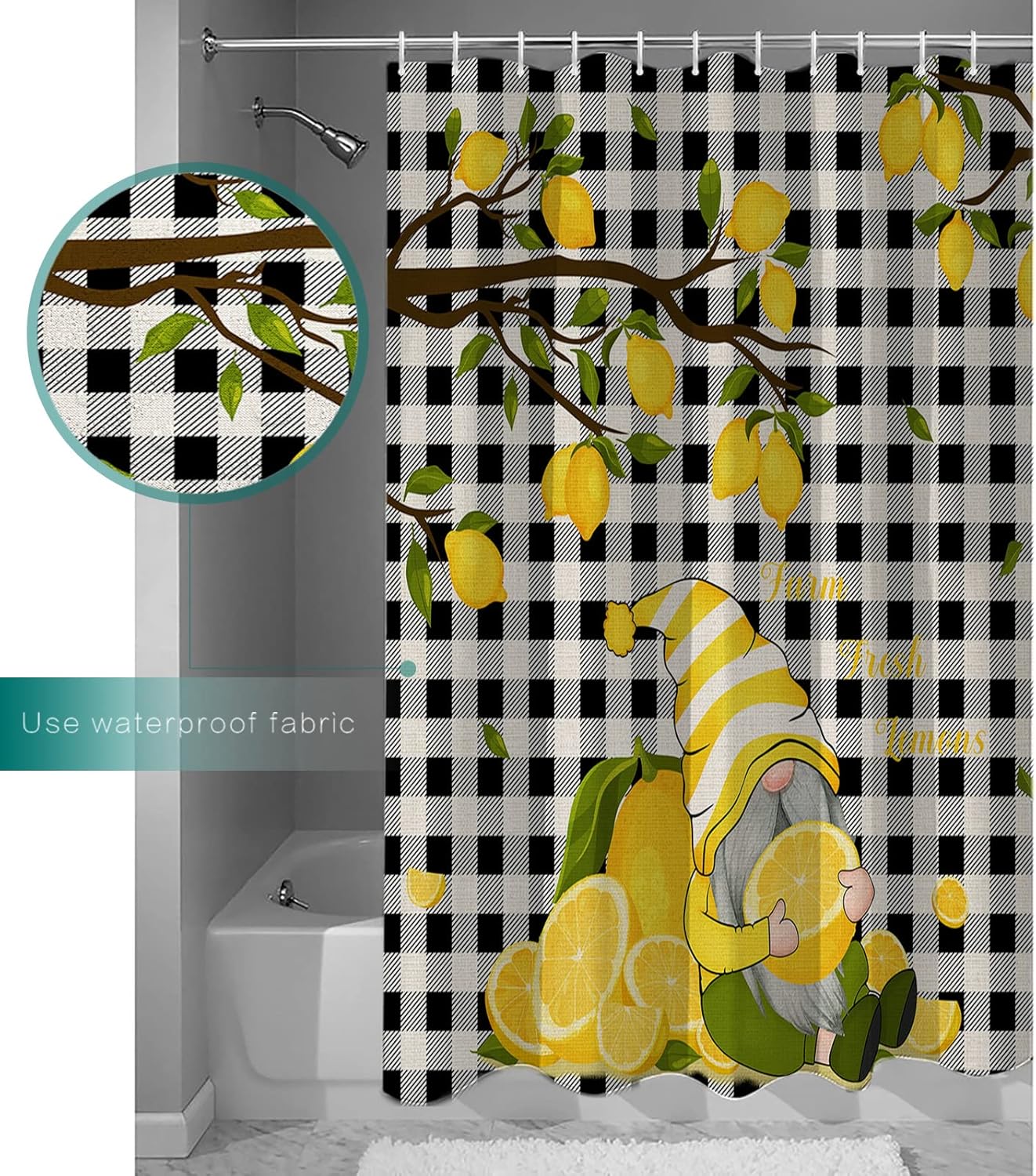Waterproof Bathroom Curtains Set with Gnome Design 72x96