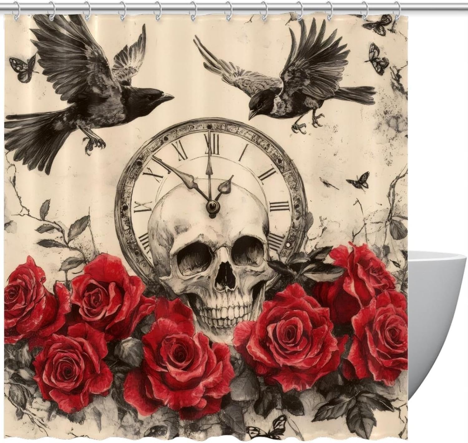 Vintage Skull Clock Red Roses Bath Curtain