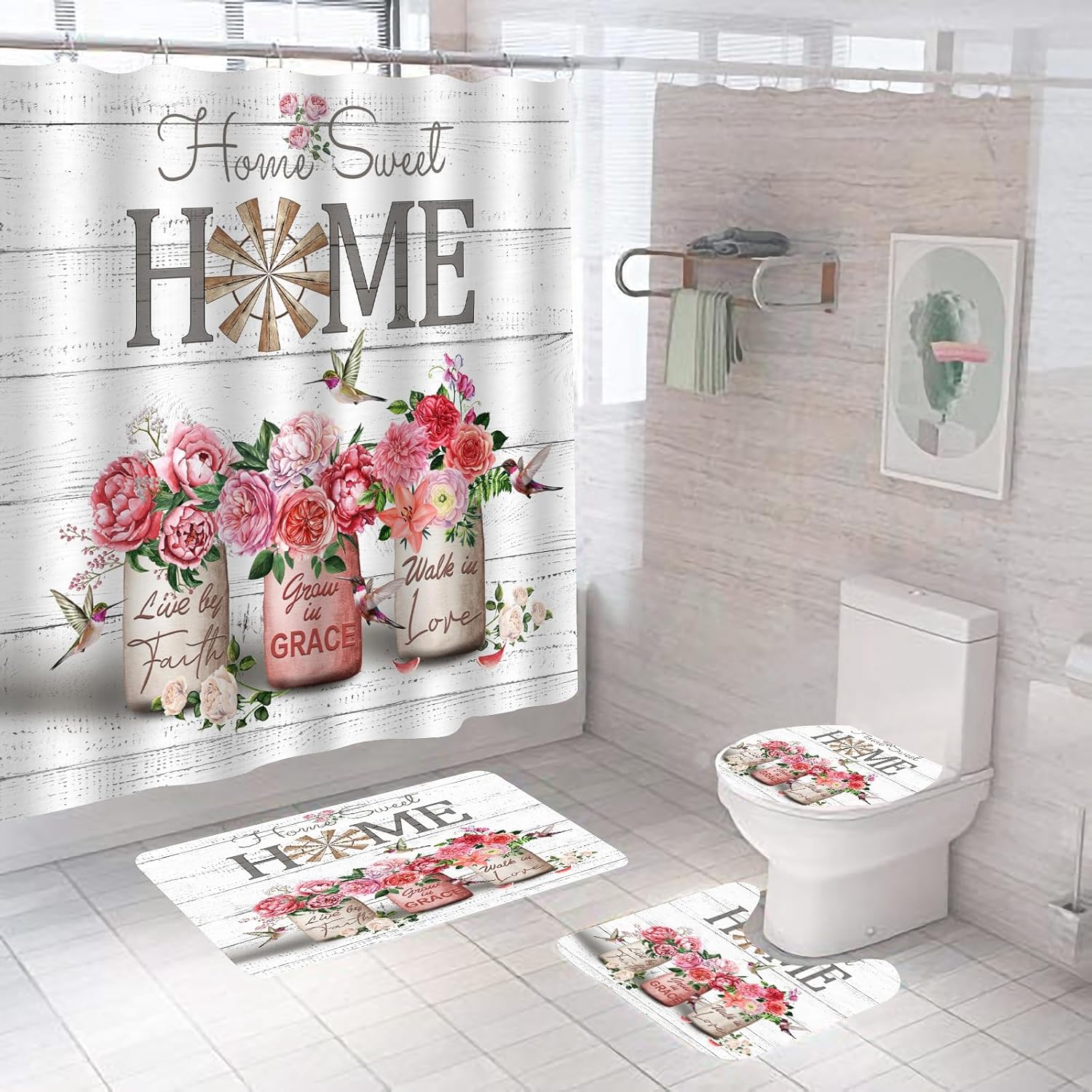 Home Sweet Bathroom Set with Red Rose Peony Style