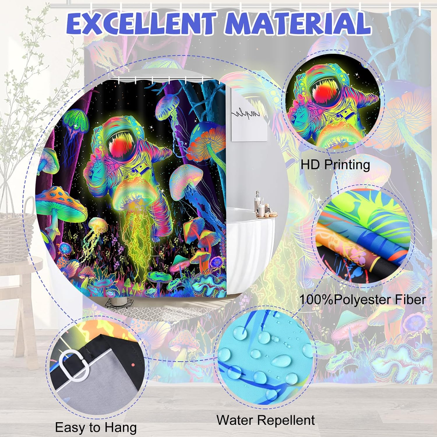Alishomtll 4 Pcs Blacklight Astronaut Shower Curtain Set with Rugs