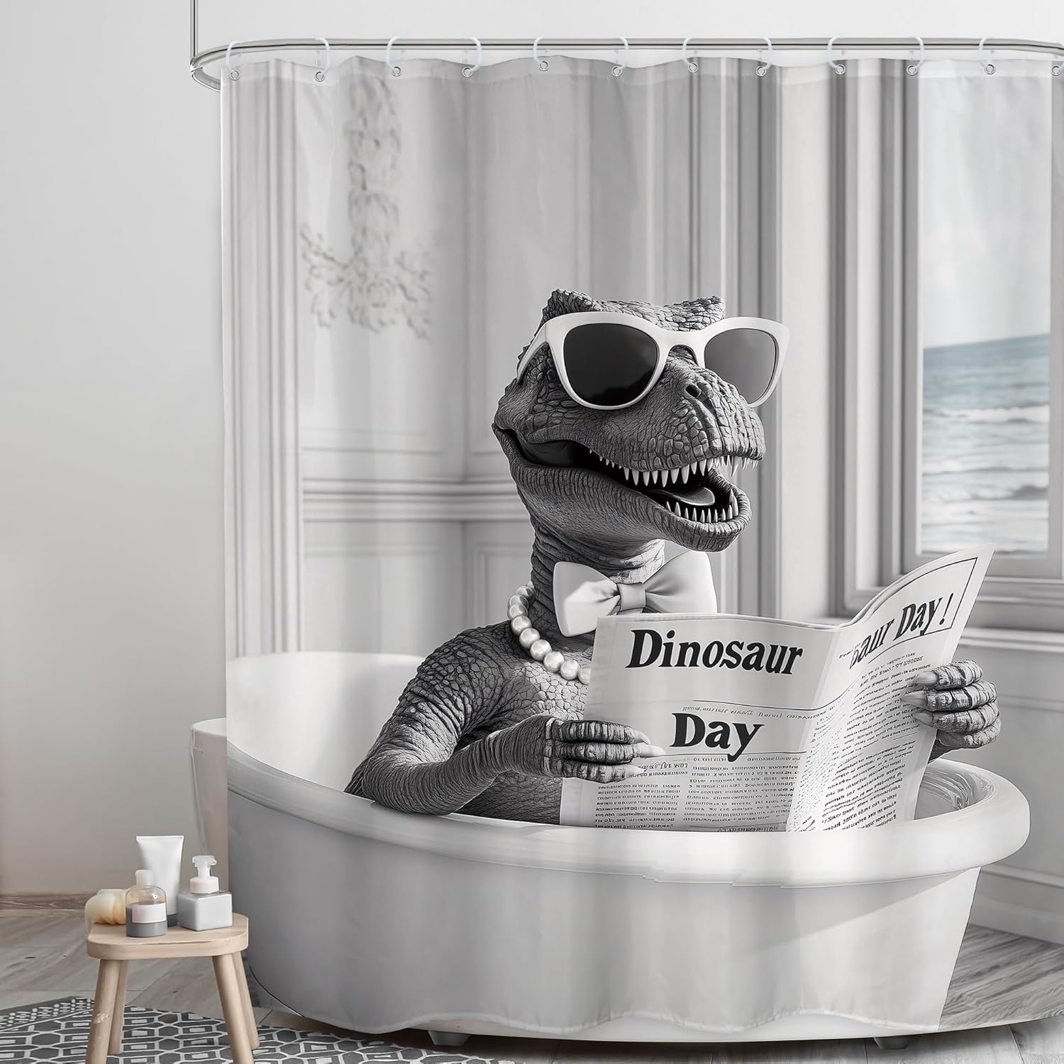 Funny Dinosaur Shower Curtain Set 12 Piece Black White Durable Cozy