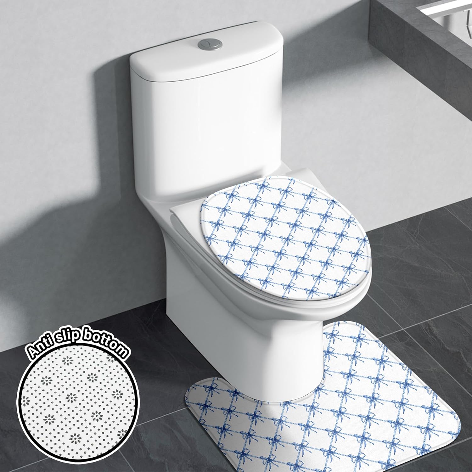 KAIRA 4 Pcs Blue White Bow Bathroom Set with Mats and Hooks