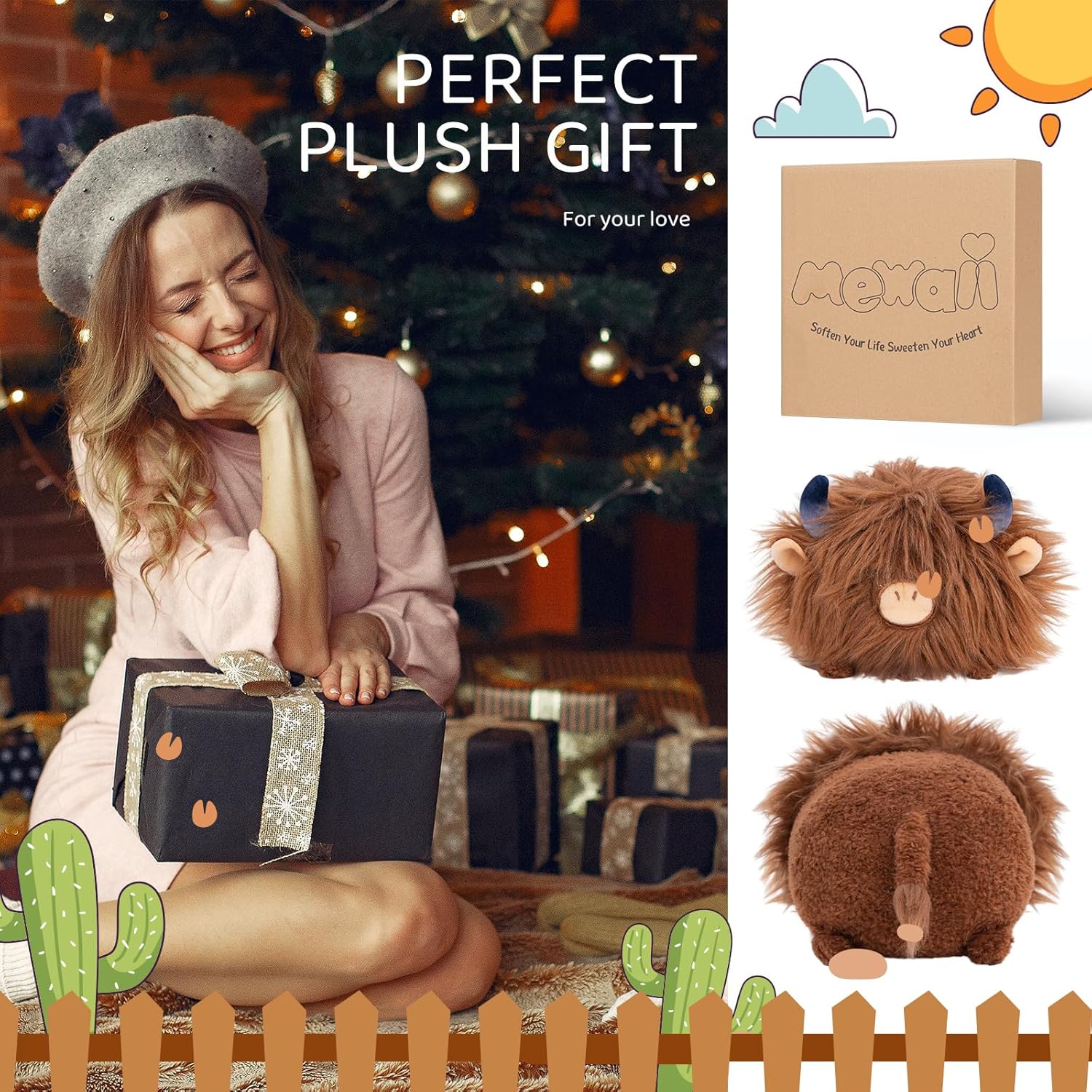 Mewaii Cute Highland Cow Plush Pillow - Soft squishy for cuddling