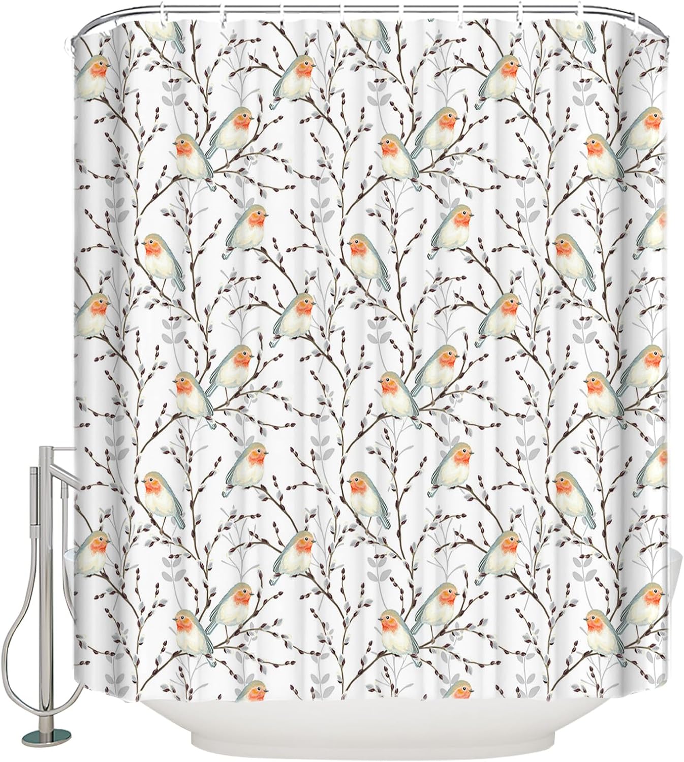 Waterproof shower curtain set for the bathroom with birds and branch design