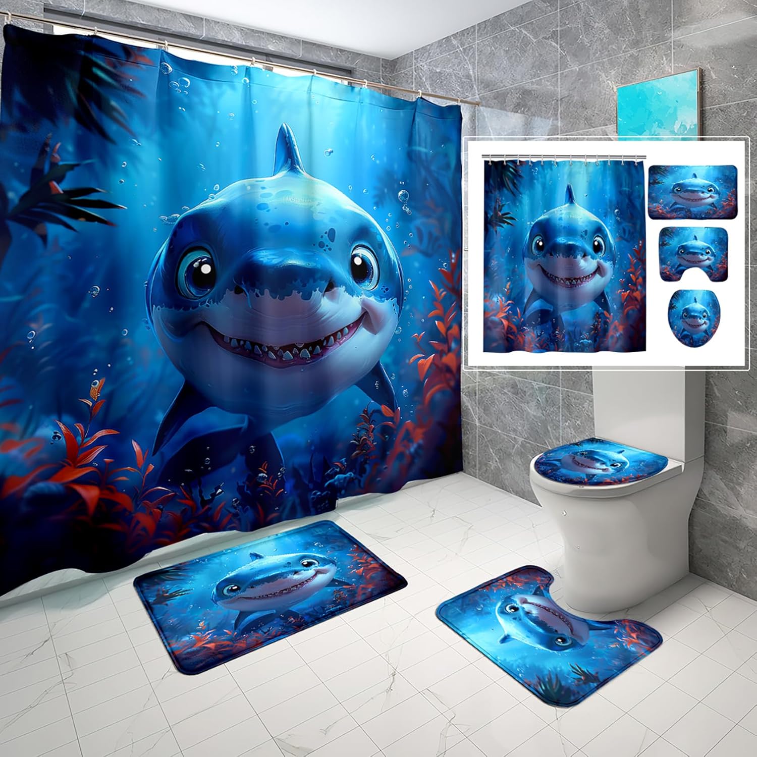 4 Piece Shark Shower Curtain Set for Kids