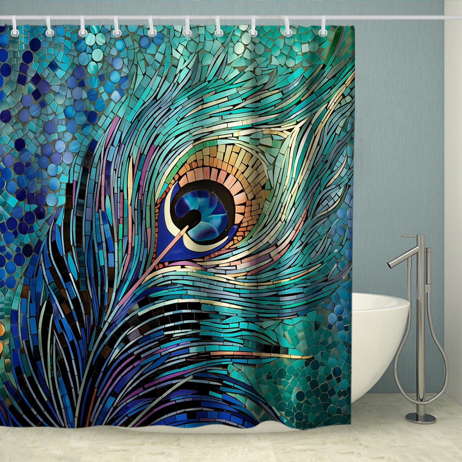 Elevate Your Bathroom Space with the OTRANTO Peacock Blue Feather Shower Curtain Set