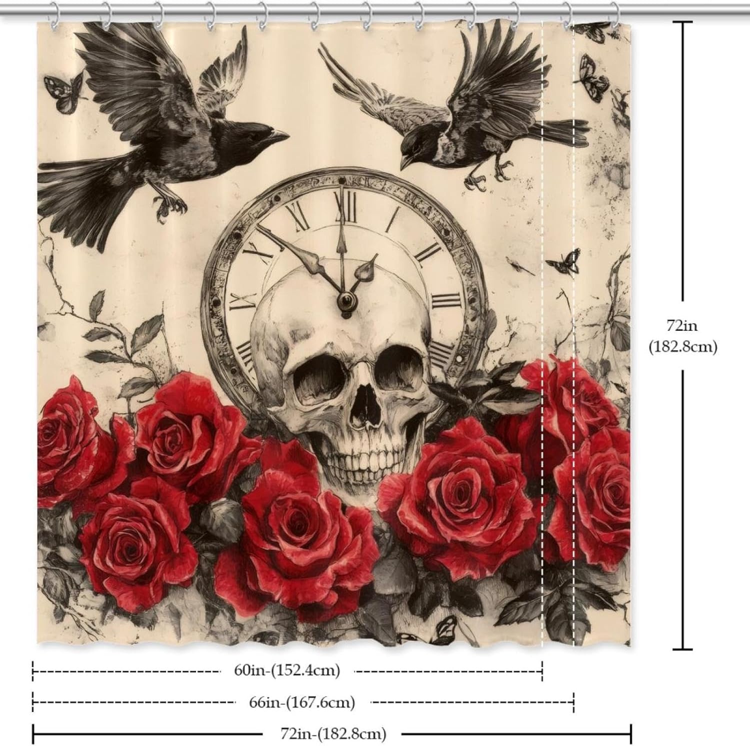 Vintage Skull Clock Red Roses Bath Curtain