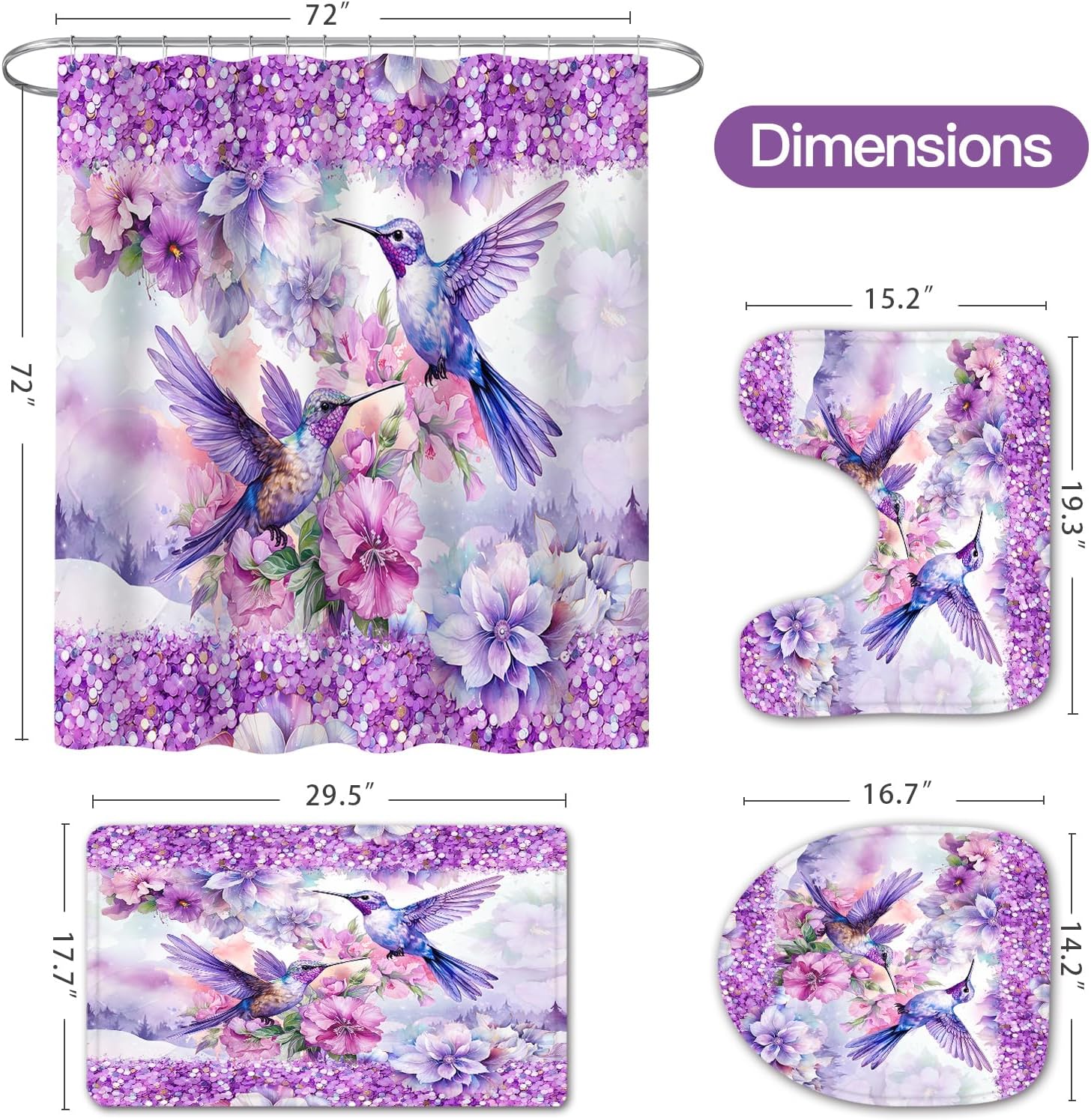 4-Pcs Purple Hummingbird Bath Decor Set with Rugs
