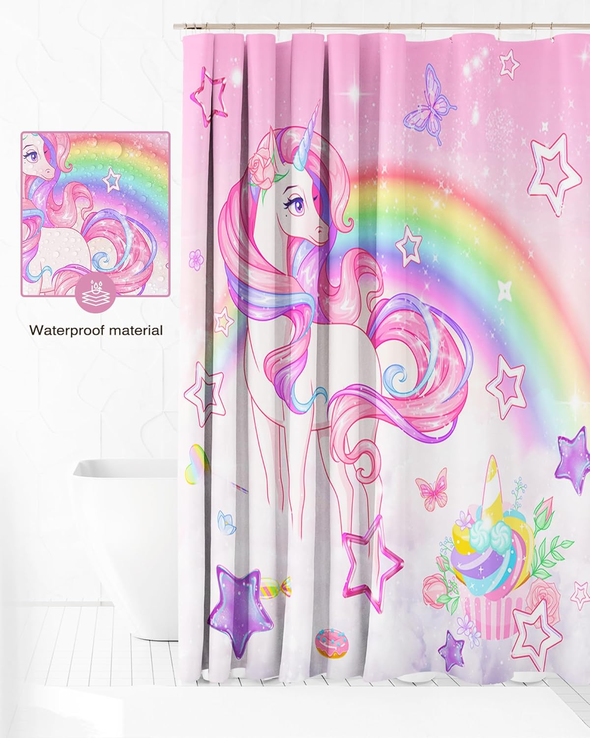 Lindameer - Rainbow Unicorn Butterfly Sunset 72x72 Inch Shower Curtain Set