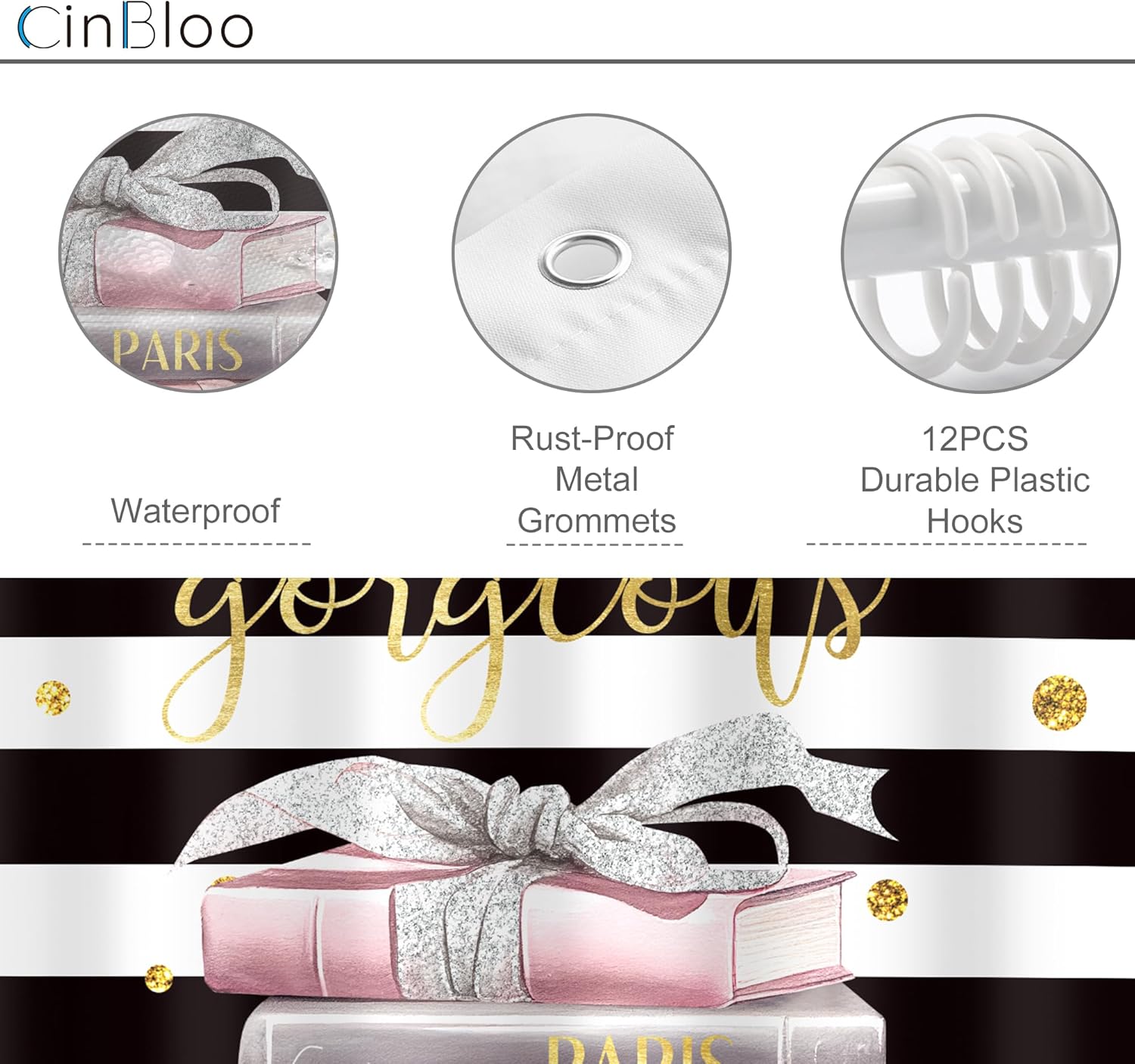 Cinbloo Black Pink Bathroom Shower Curtain Set