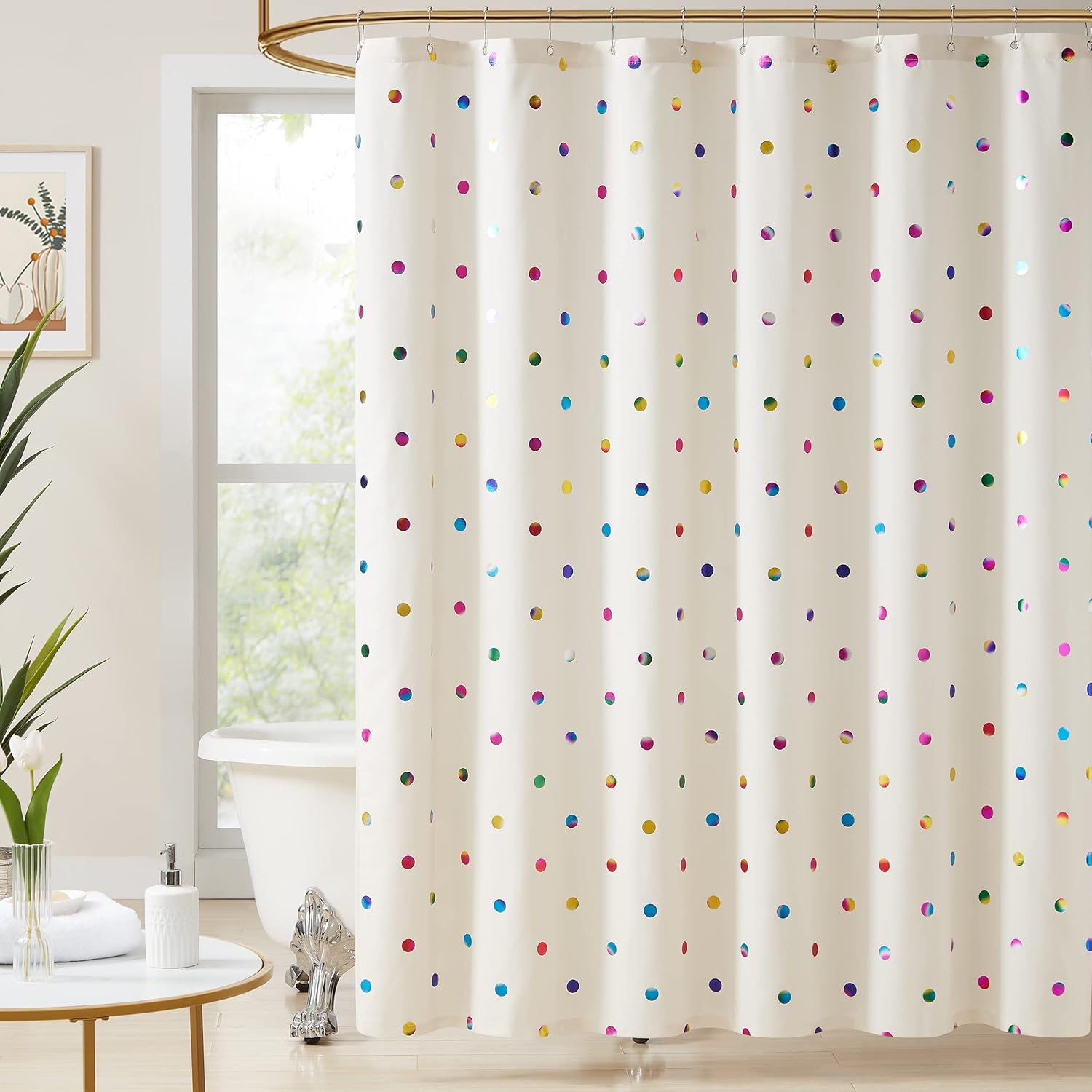 Beige Metallic Polka Dot Shower Curtains for Bathroom waterproof easy hang