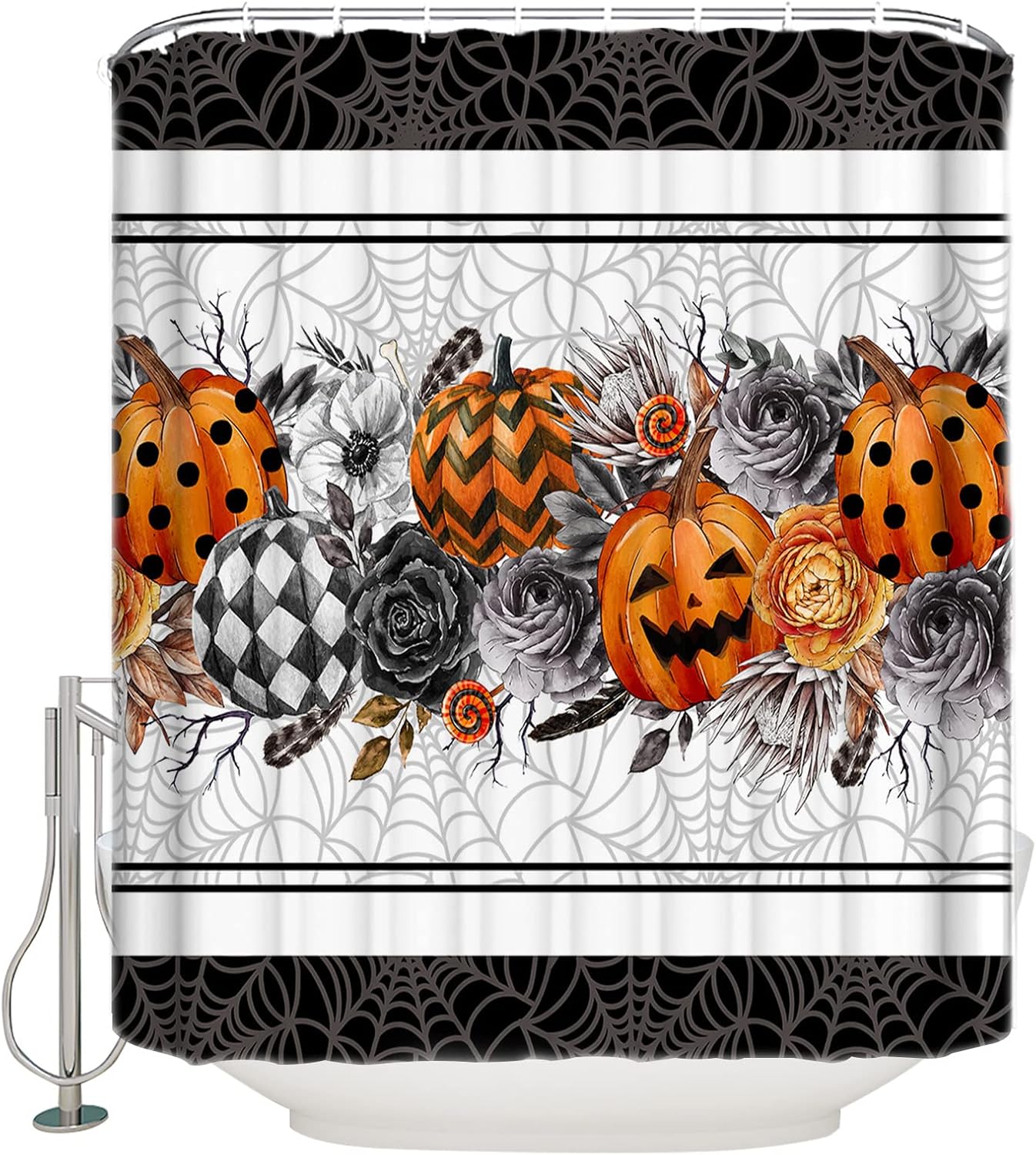 Halloween Orange pumpkin waterproof shower curtain set with hooks