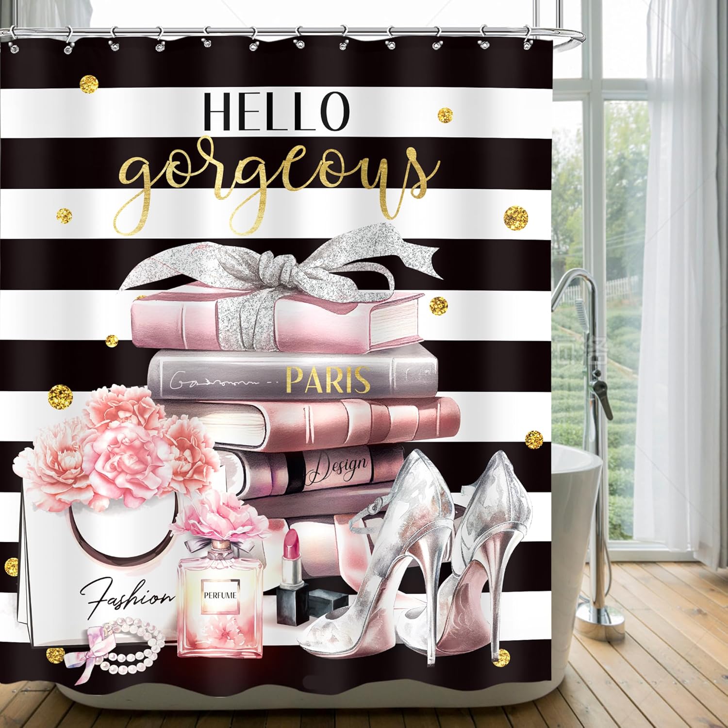 Cinbloo Black Pink Bathroom Shower Curtain Set