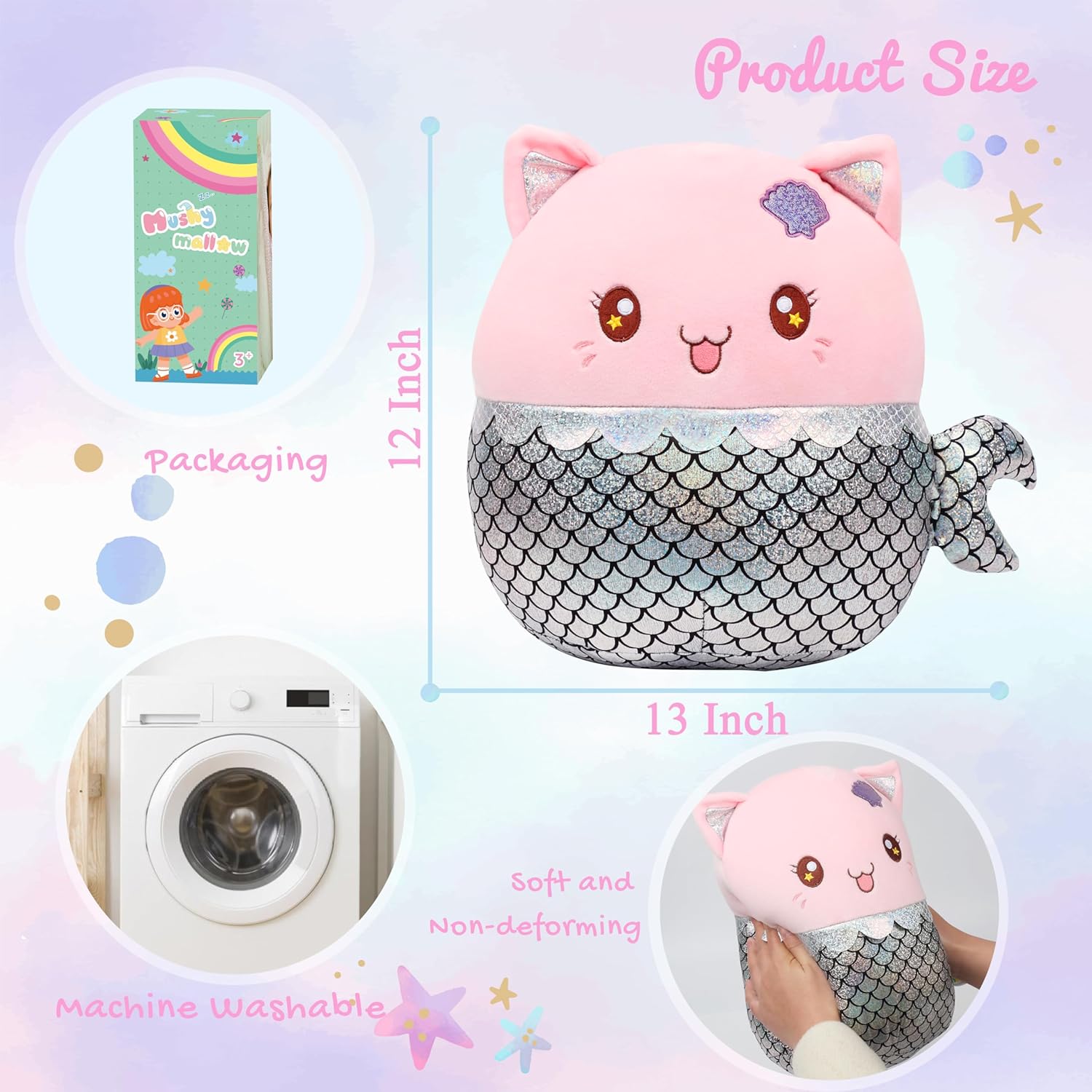 12 Mermaid Cat Plush Pillow - Soft Cuddly