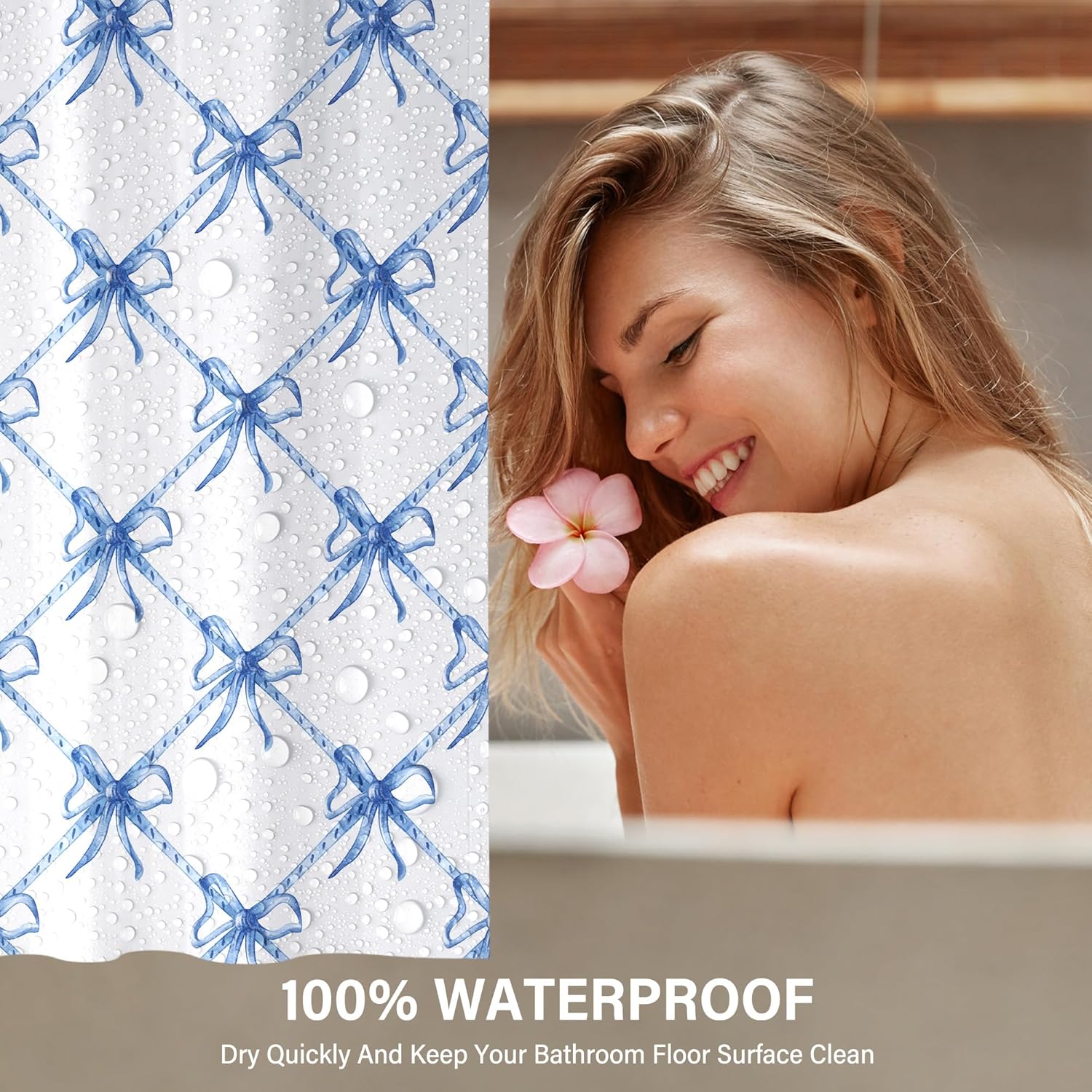 KAIRA 4 Pcs Blue White Bow Bathroom Set with Mats and Hooks
