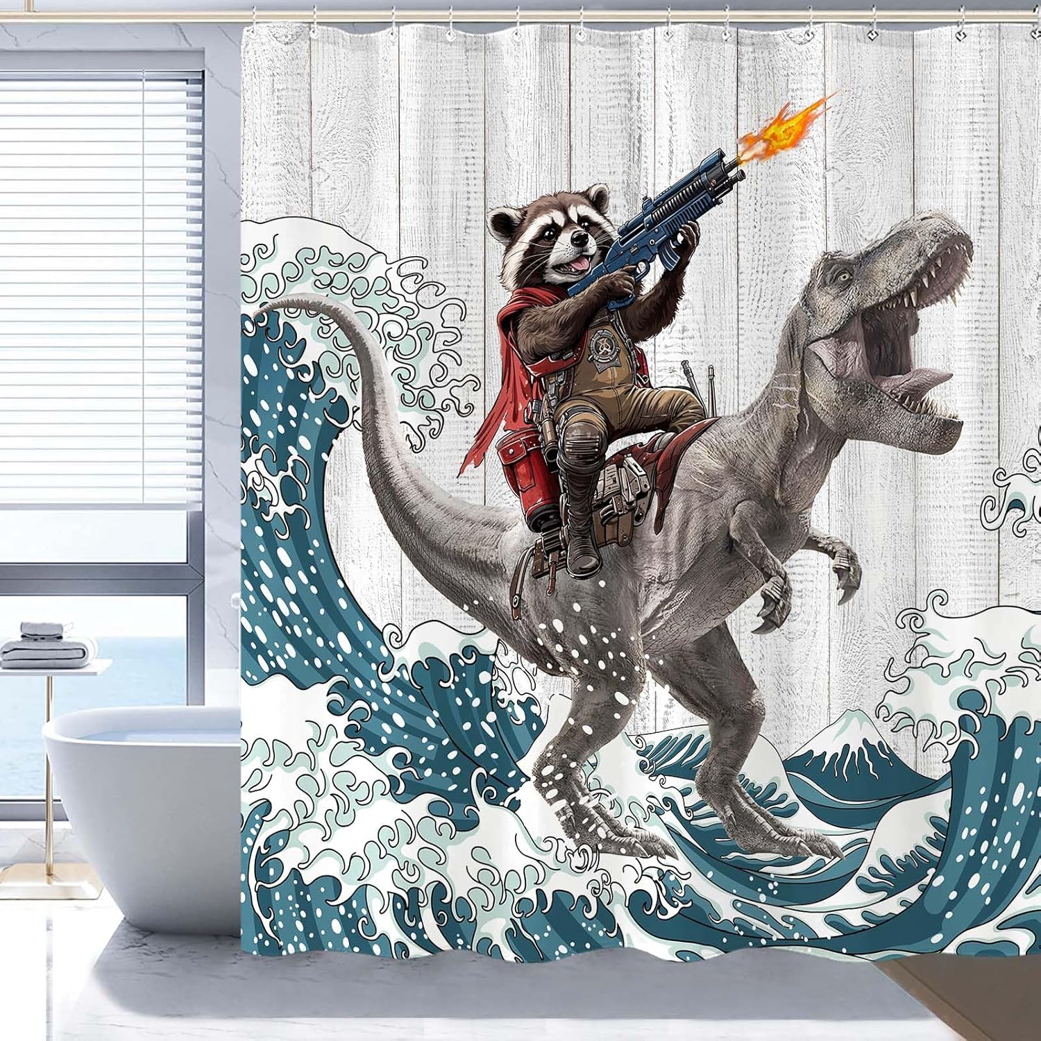 Funny Raccoon Dinosaur Bath Curtain