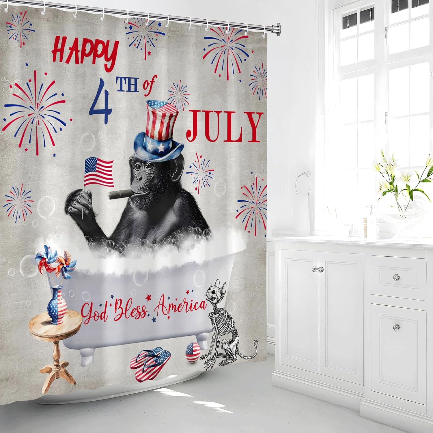 Patriotic Monkey 4th of July 70-inch shower curtain with American Flag design