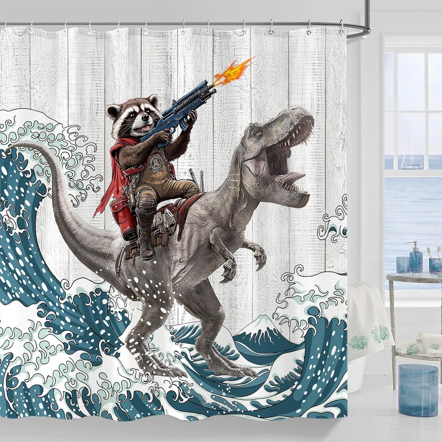 Funny Raccoon Dinosaur Bath Curtain