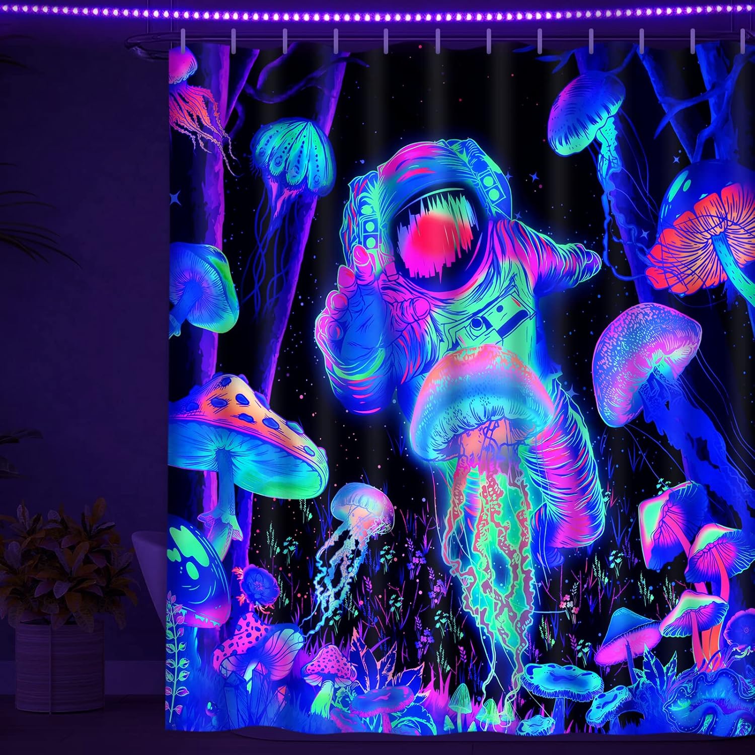 Alishomtll 4 Pcs Blacklight Astronaut Shower Curtain Set with Rugs