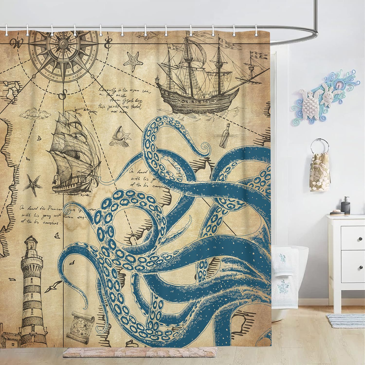 VEIGIKE - Nautical Octopus Fun Bathroom Shower Curtain 60x72 inches