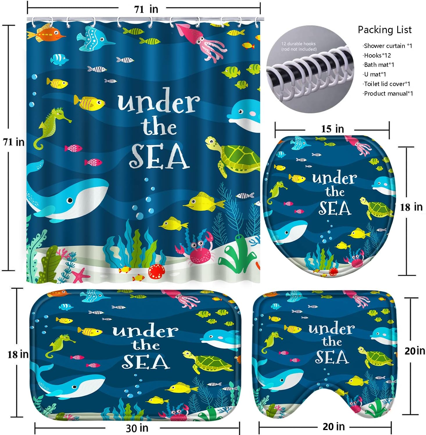 Poedist 4Pcs Bathroom Shower Curtain Sets