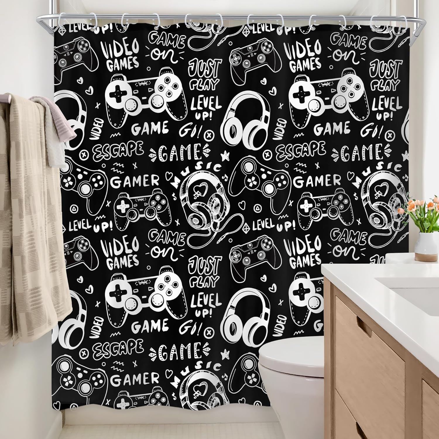 Boys Gamer Shower Curtain 72Wx72H Inch Gaming Controller Waterproof Design