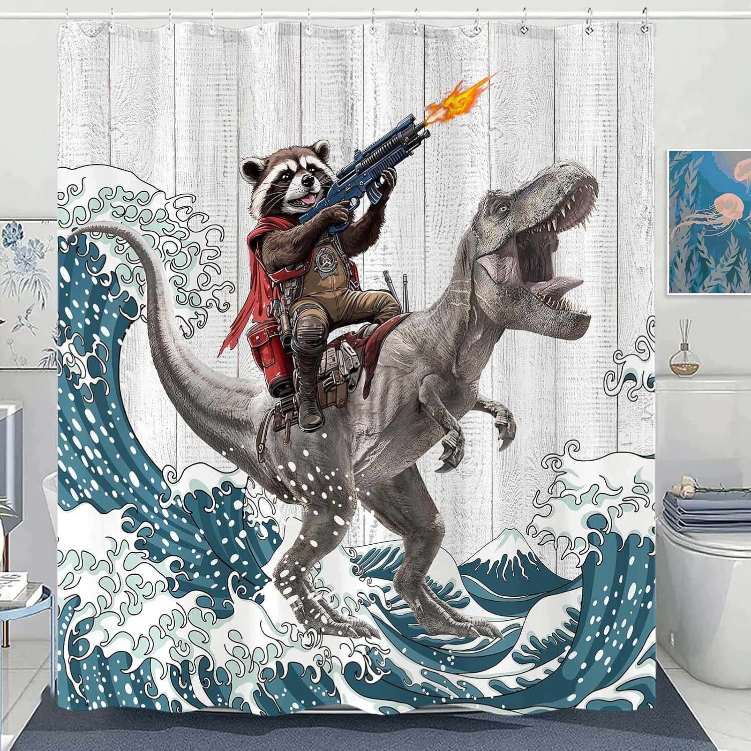 Funny Raccoon Dinosaur Bath Curtain