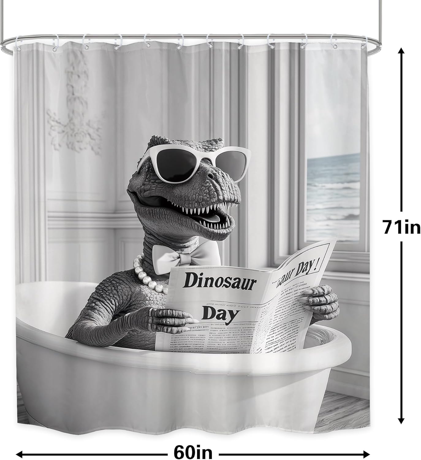 Funny Dinosaur Shower Curtain Set 12 Piece Black White Durable Cozy