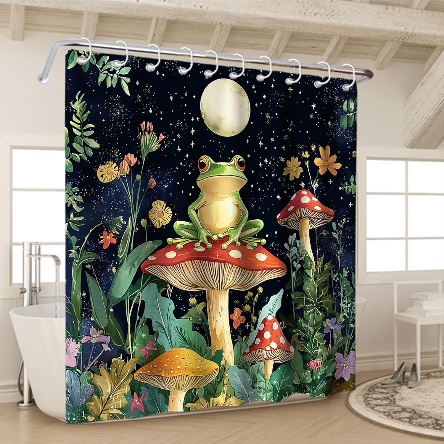 OTRANTO Kids Mushroom Shower Curtain Floral Animal Set with Hooks 60Wx72H Design